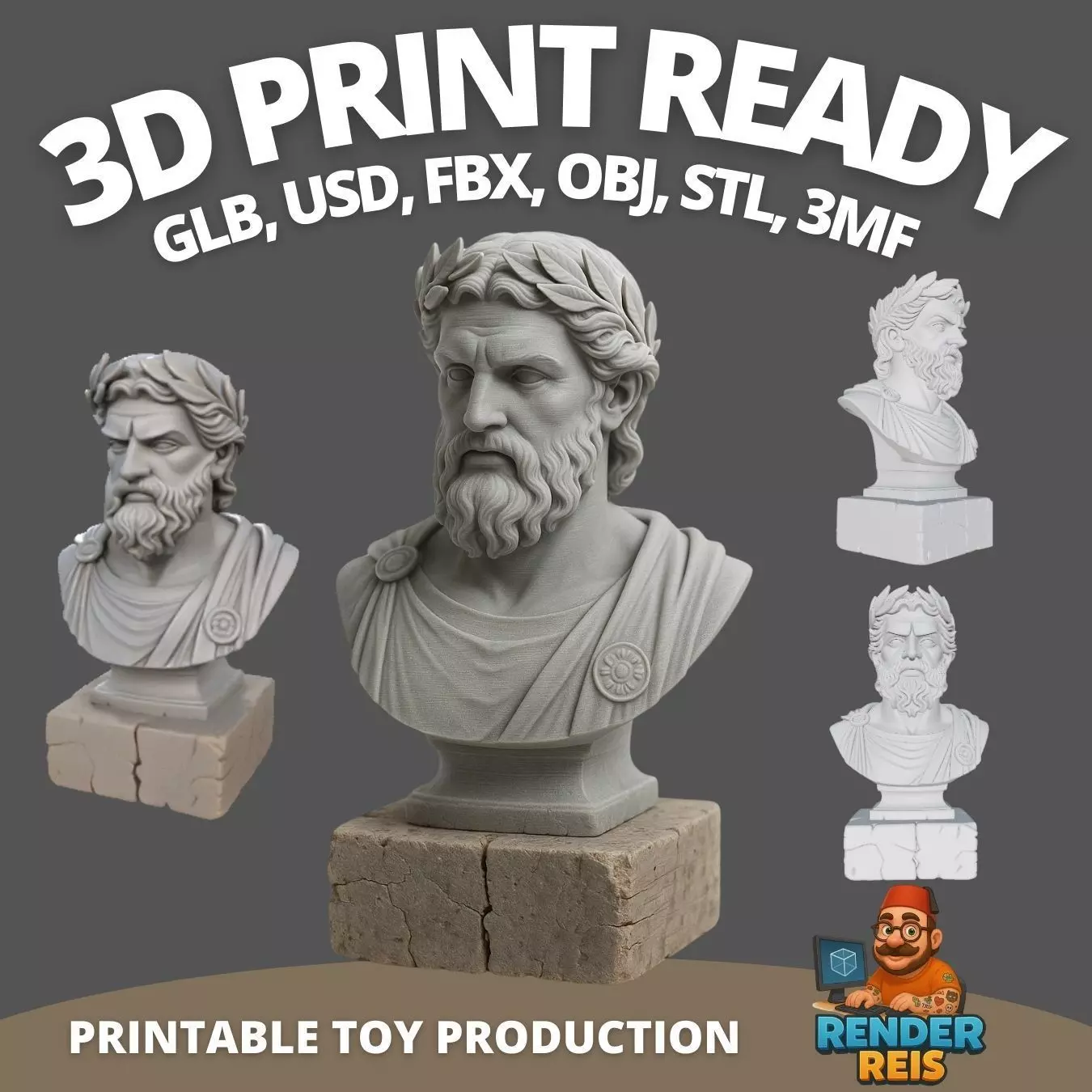Ancient God Bust Artistic Statue Model with Pedestal 4 3D print model