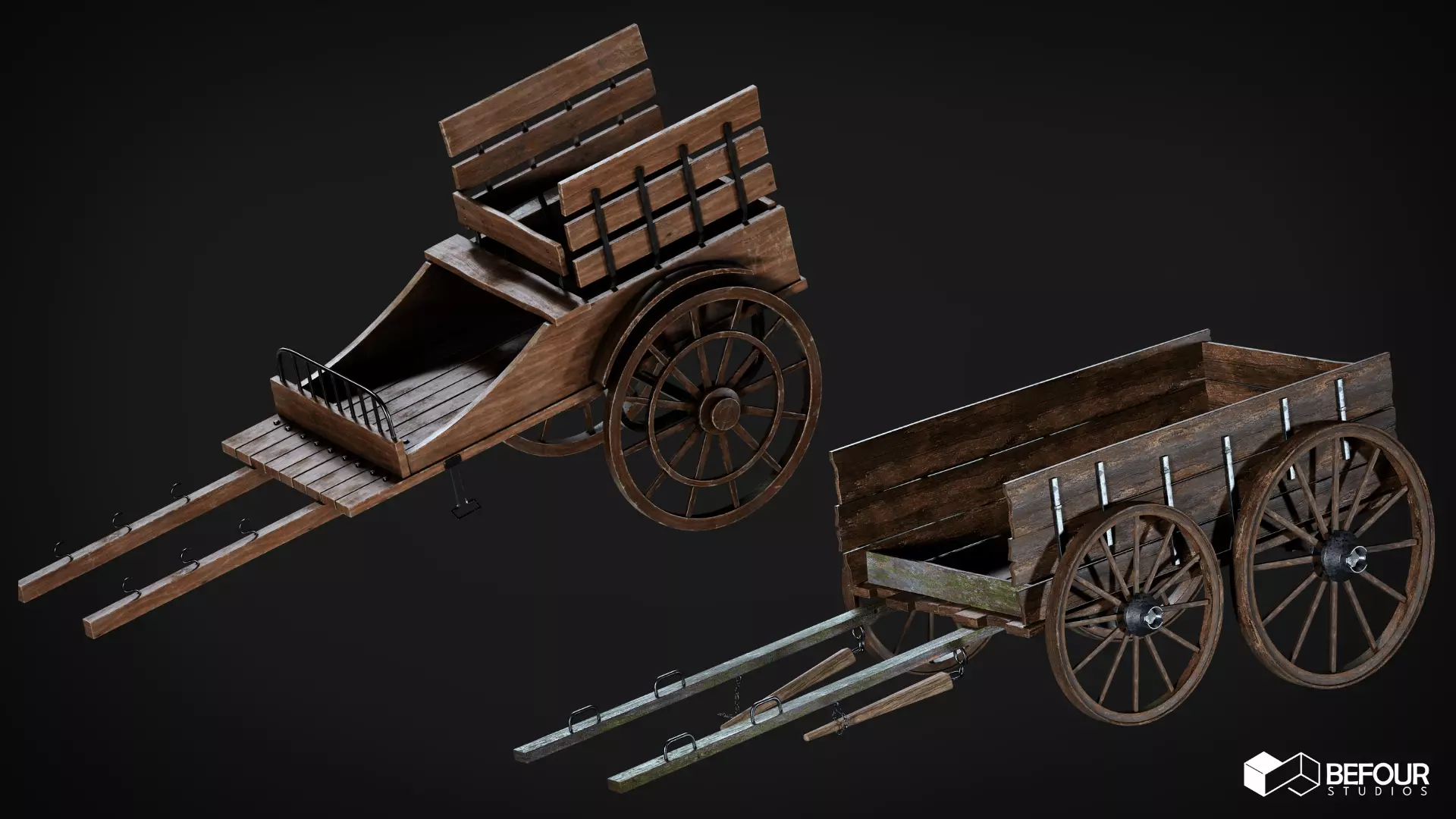 Cart and Handcart Set Low-poly 3D model