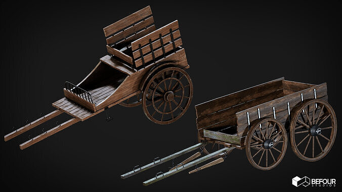 Cart and Handcart Set Low-poly 3D model