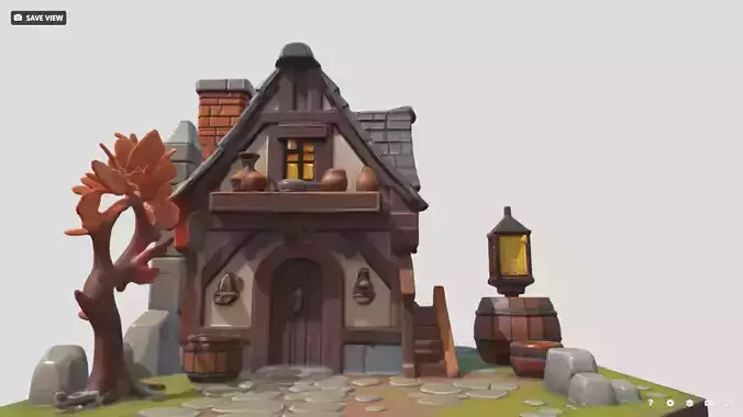 A 3d model of a game house with  roof and a brick chimney