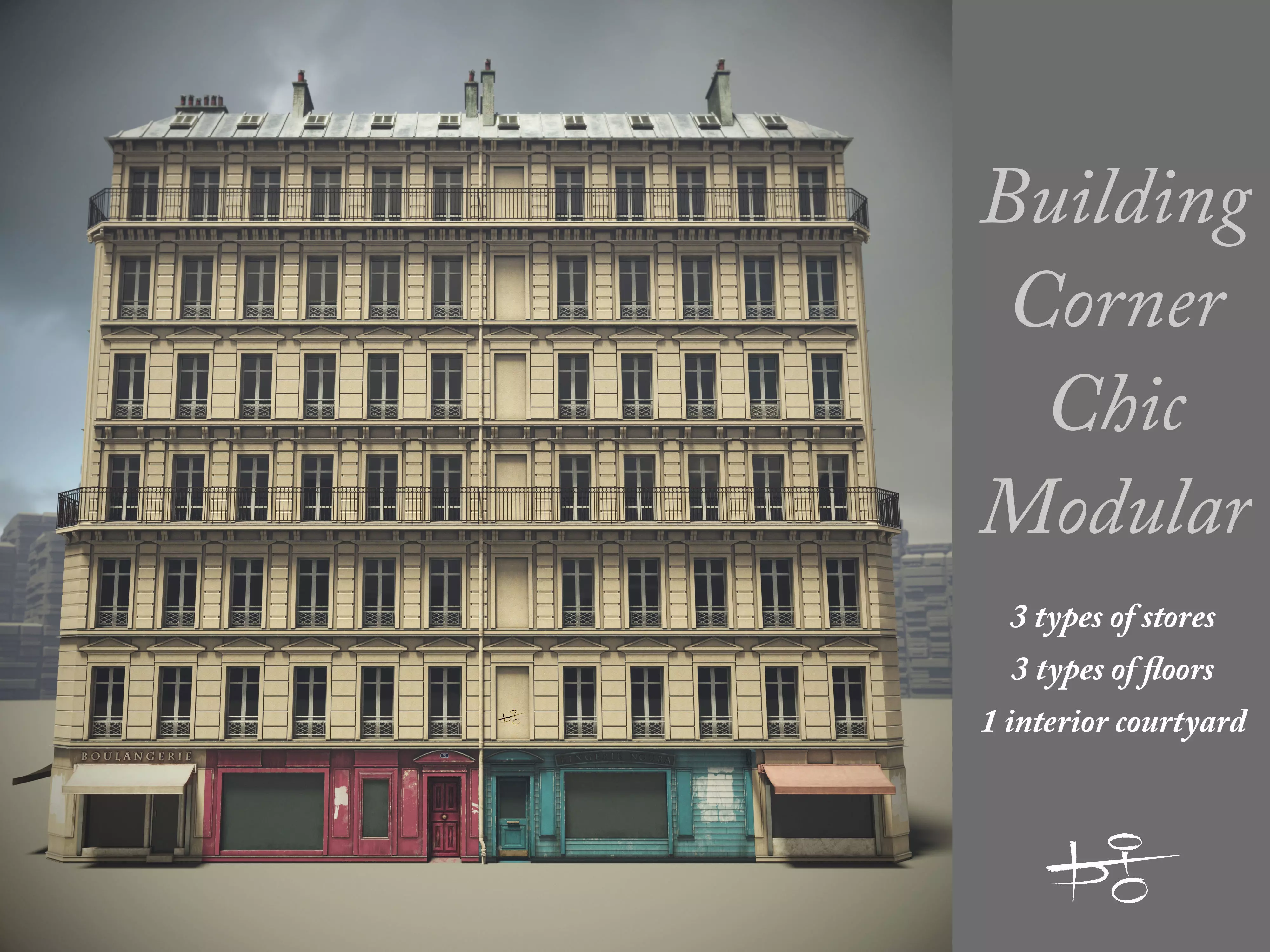 Building Corner Chic modular Low-poly 3D model_0