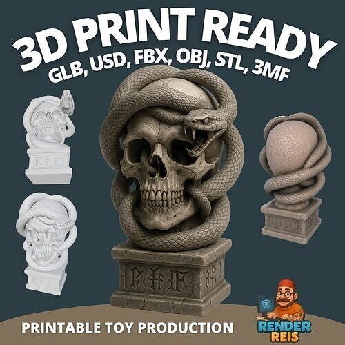 Skull and Serpent Bust  Dark Mysticism Gothic 3D Sculpture 3D print model
