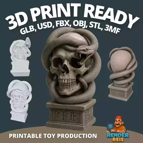 Skull and Serpent Bust  Dark Mysticism Gothic 3D Sculpture