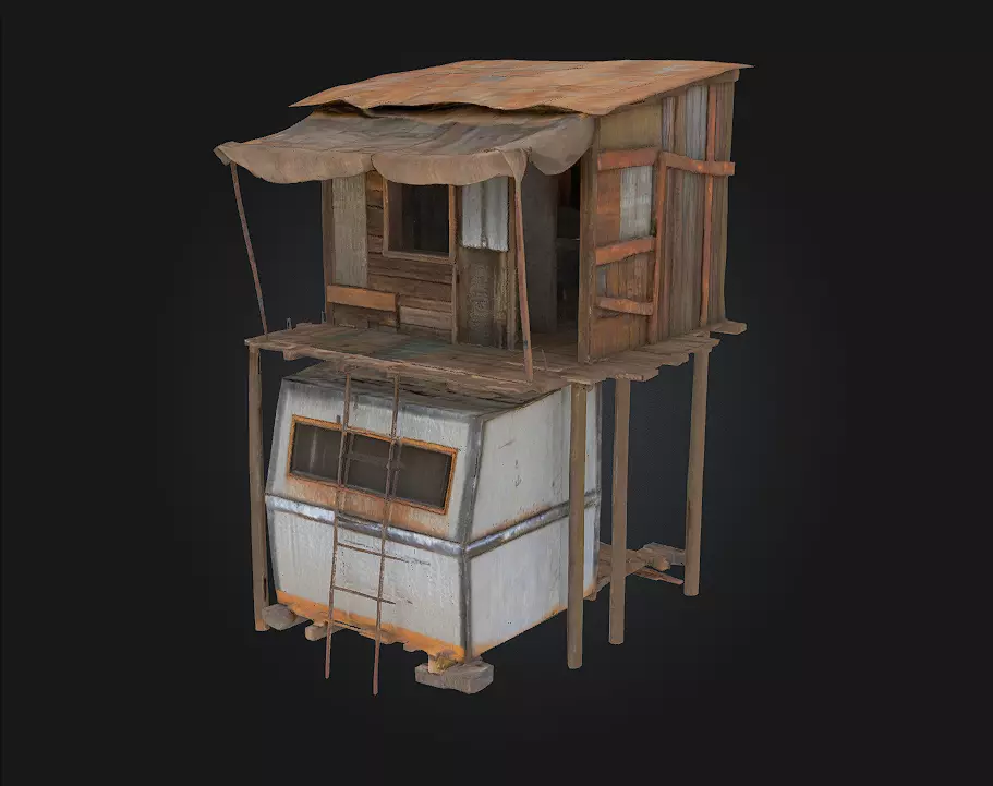 Rustic Cabin on Wheels  Mobile Comfort with Countryside Charm 3D model_0