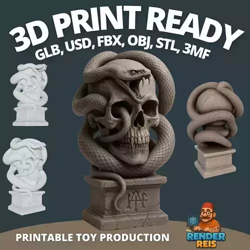 Skull and Serpent Bust Dark Mysticism Gothic 3D Sculpture
