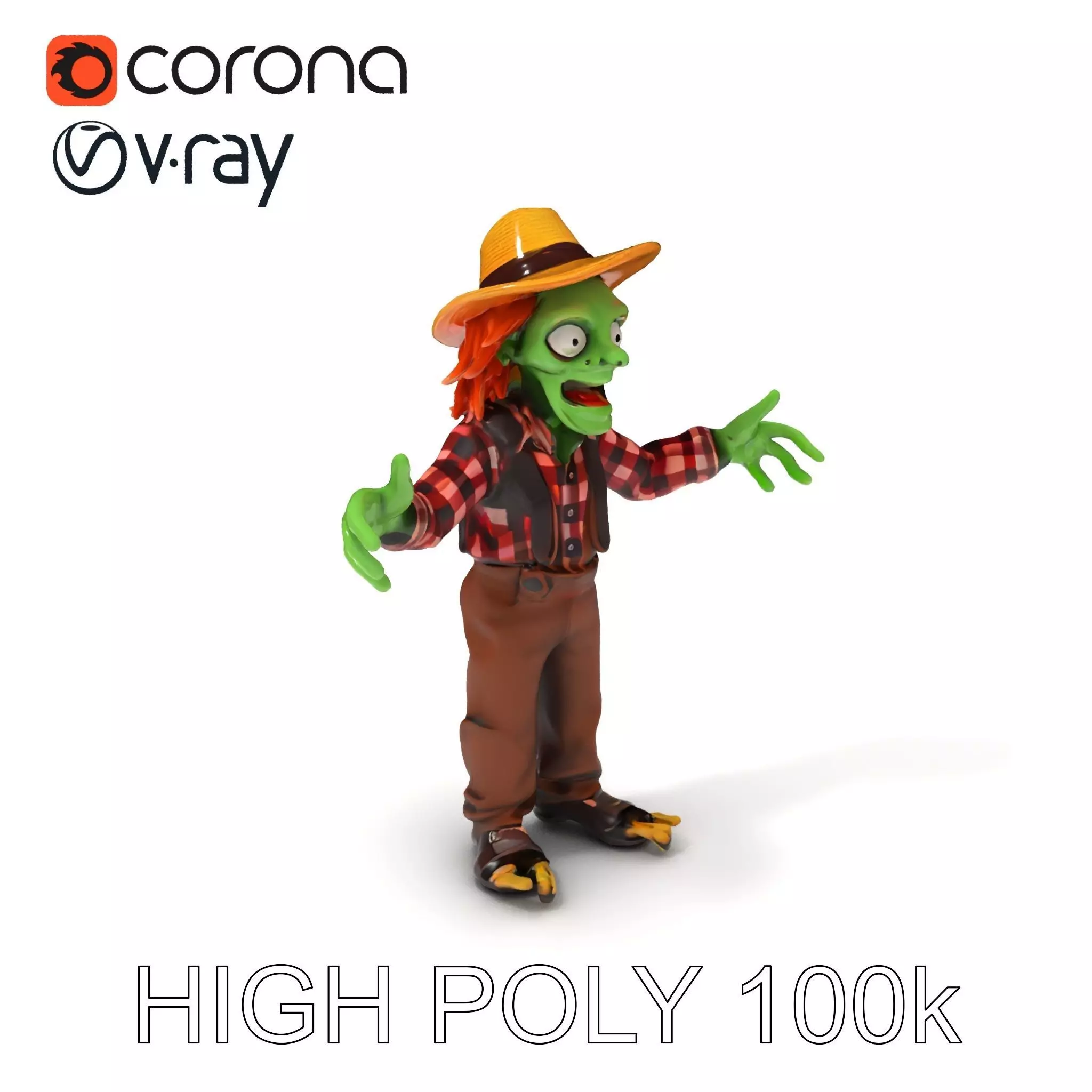 Zombie Farmer Character Model Rigged for Animation and Gaming Low-poly 3D model