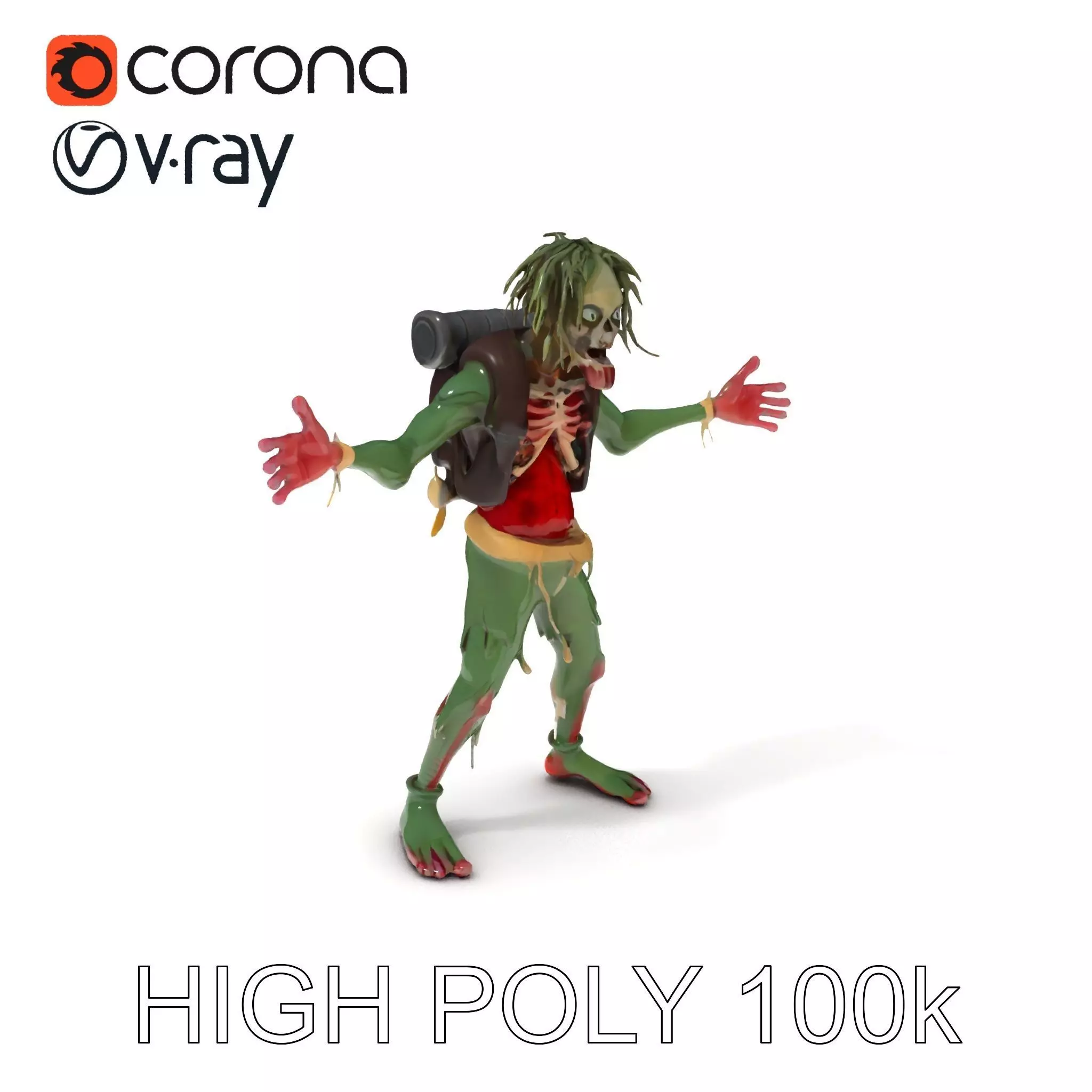 Undead Zombie with Backpack HighDetail D Model for Games and... Low-poly 3D model