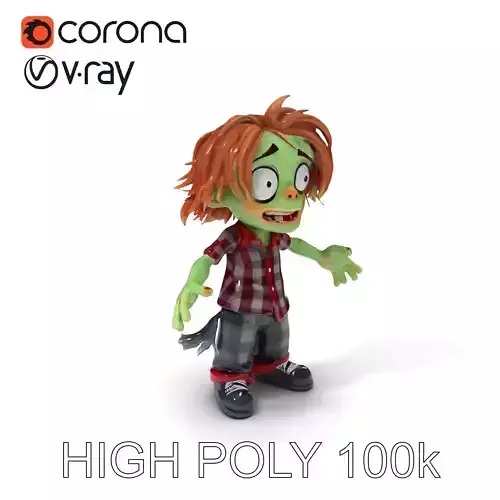 Cartoonish Zombie Kid D Model with Checkered Shirt and Hair Low-poly 3D model