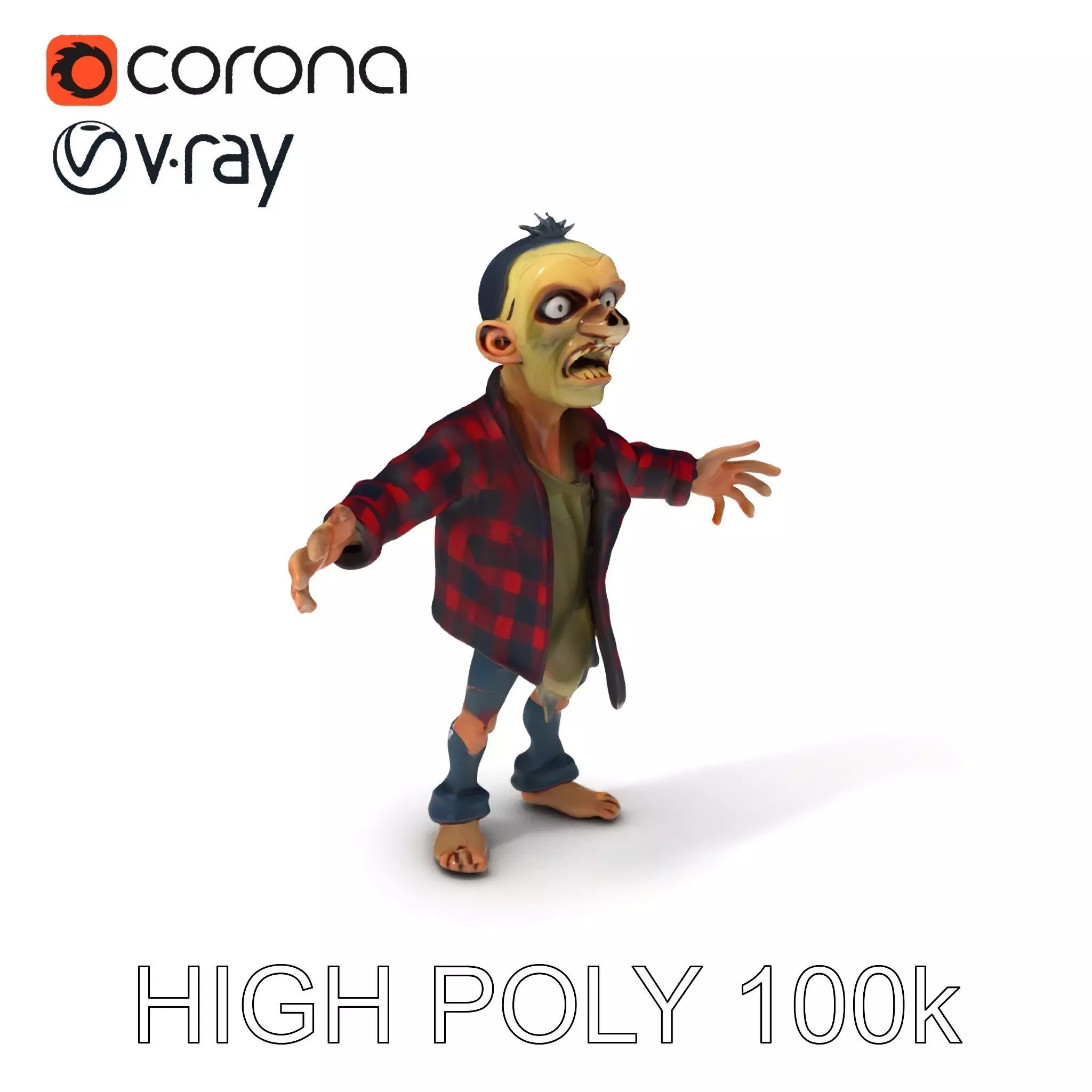 Cartoon Zombie Character Model with Plaid Shirt and Tattered ... Low-poly 3D model