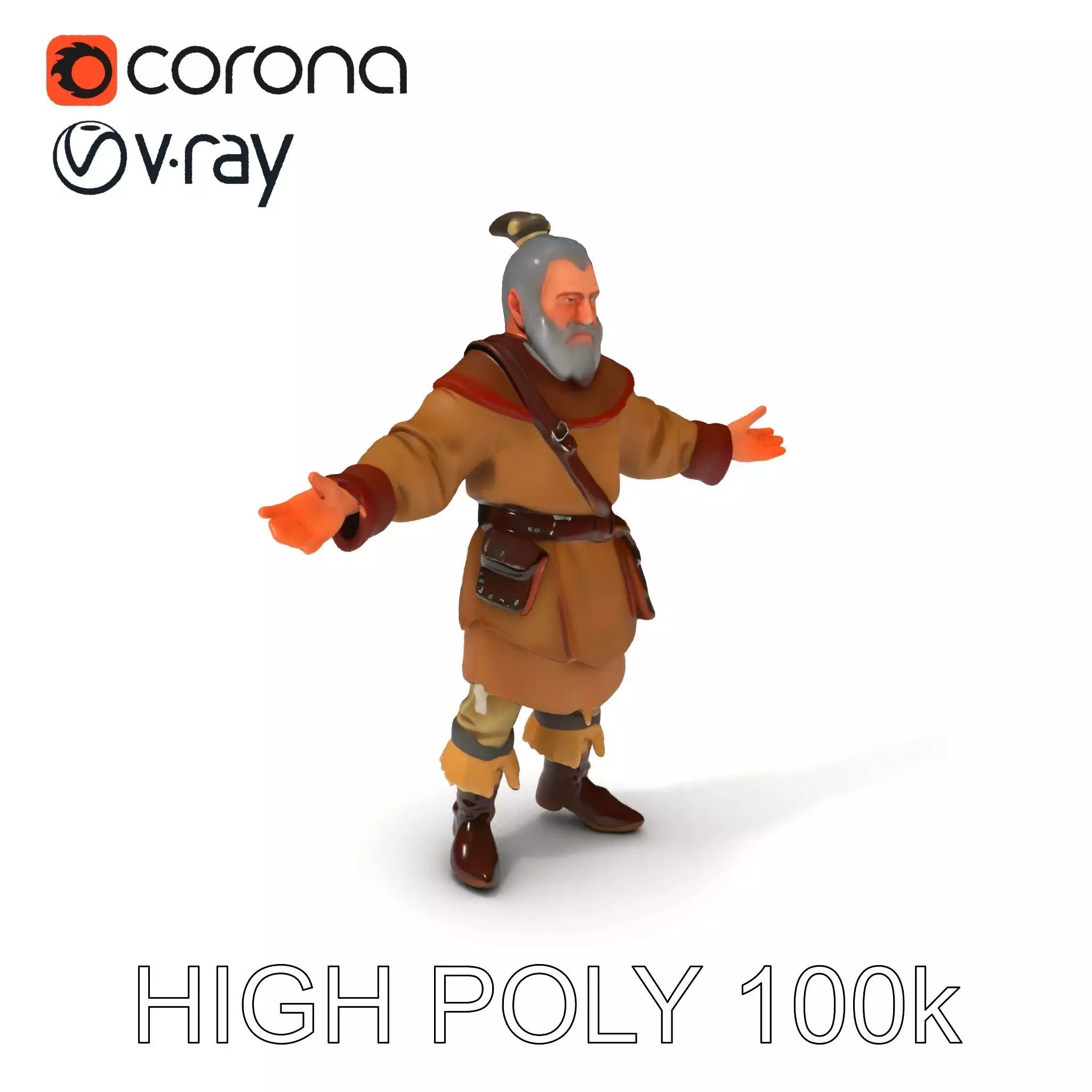 Elderly Medieval Wanderer with Beard and Rugged Attire D Model Low-poly 3D model_0