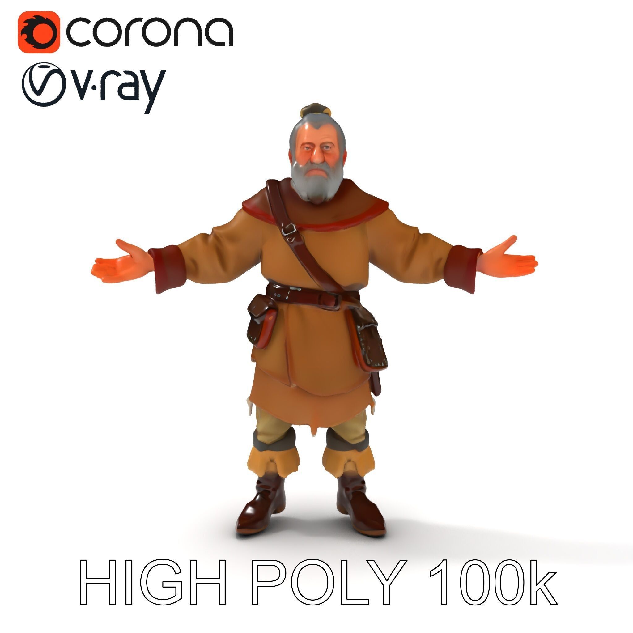 Elderly Medieval Wanderer with Beard and Rugged Attire D Model Low-poly 3D model_16