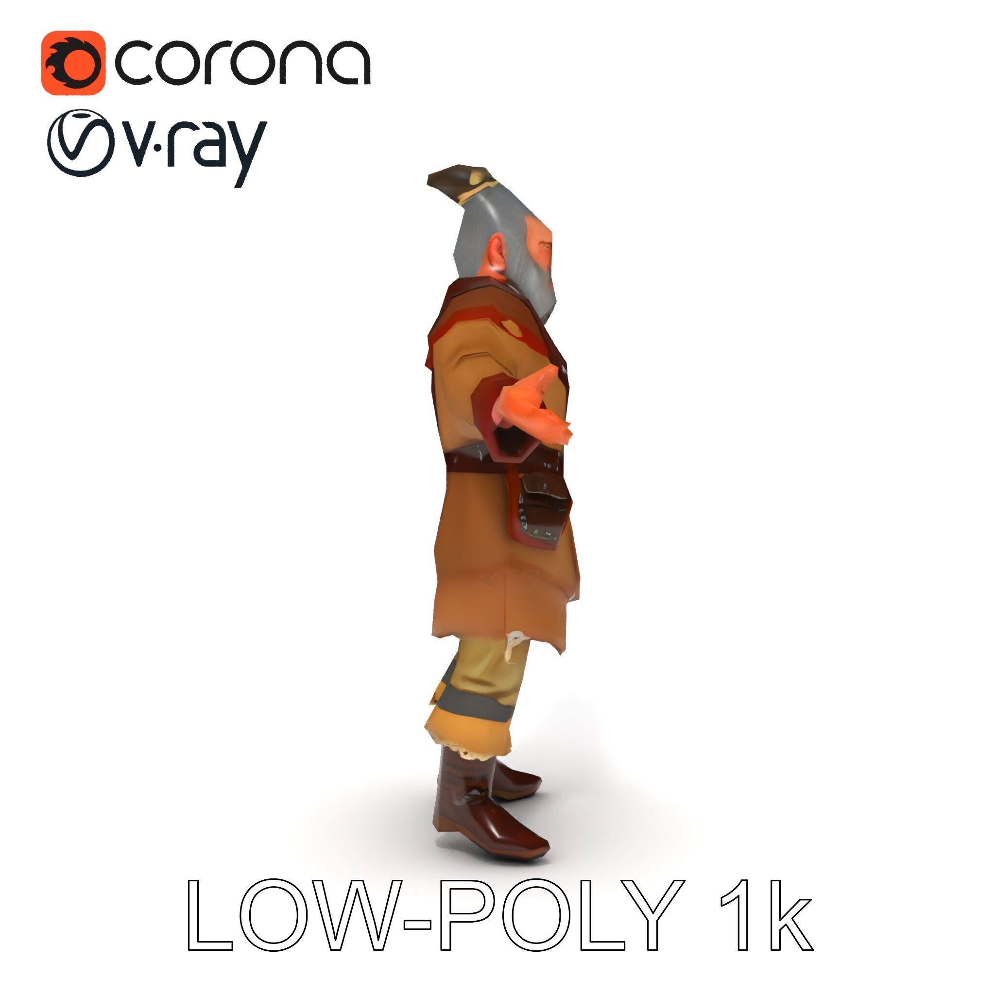 Elderly Medieval Wanderer with Beard and Rugged Attire D Model Low-poly 3D model_25