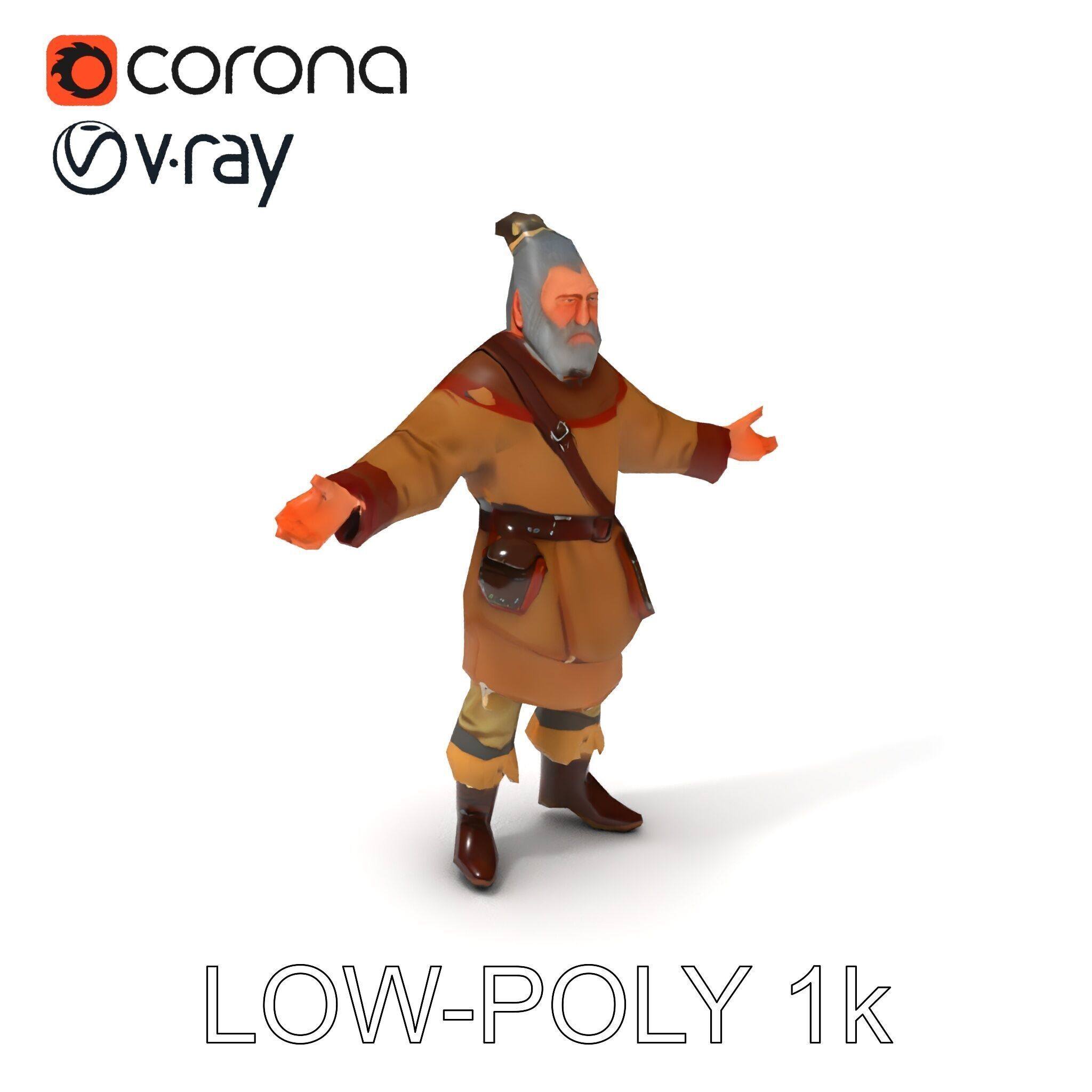 Elderly Medieval Wanderer with Beard and Rugged Attire D Model Low-poly 3D model_28