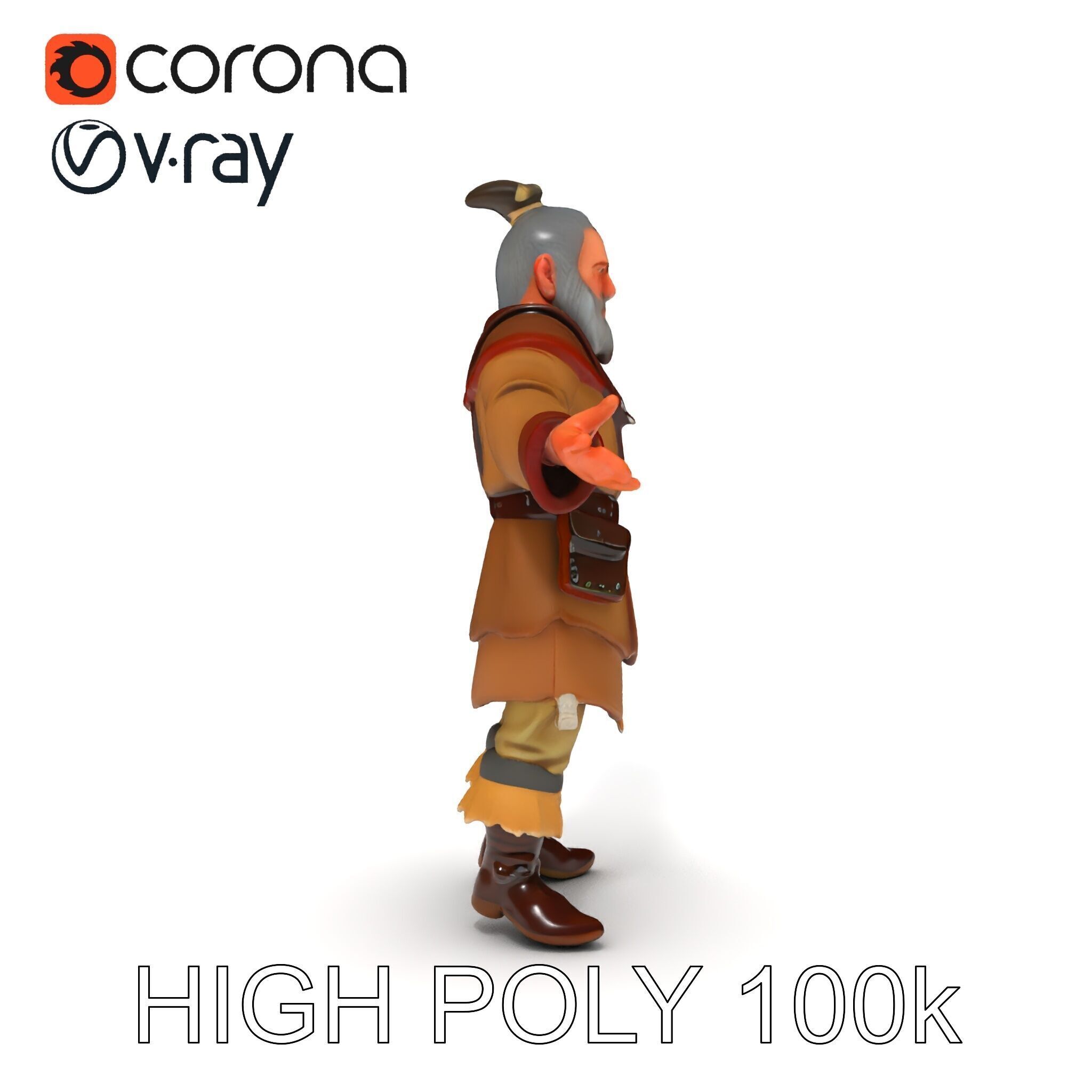 Elderly Medieval Wanderer with Beard and Rugged Attire D Model Low-poly 3D model_23