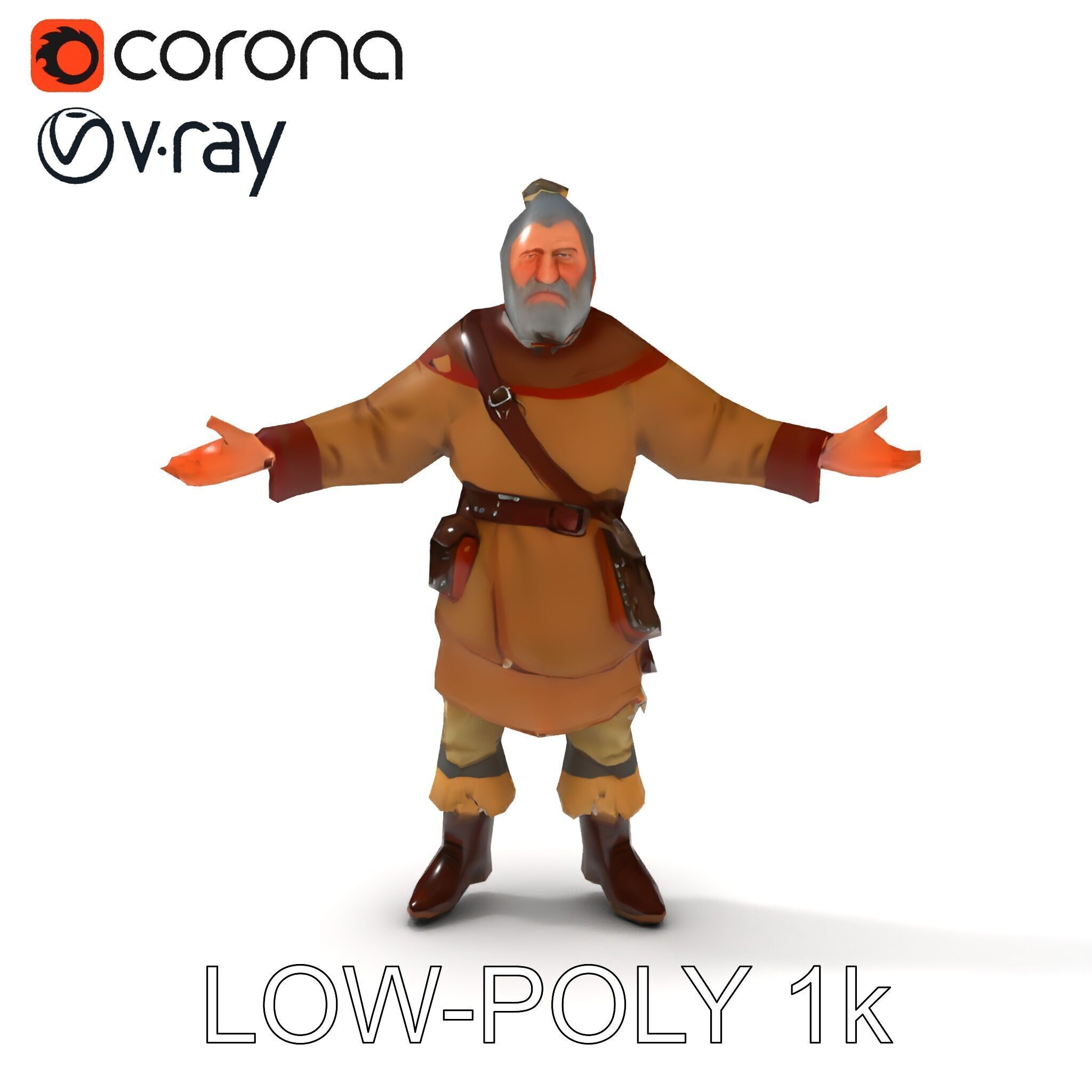 Elderly Medieval Wanderer with Beard and Rugged Attire D Model Low-poly 3D model_34