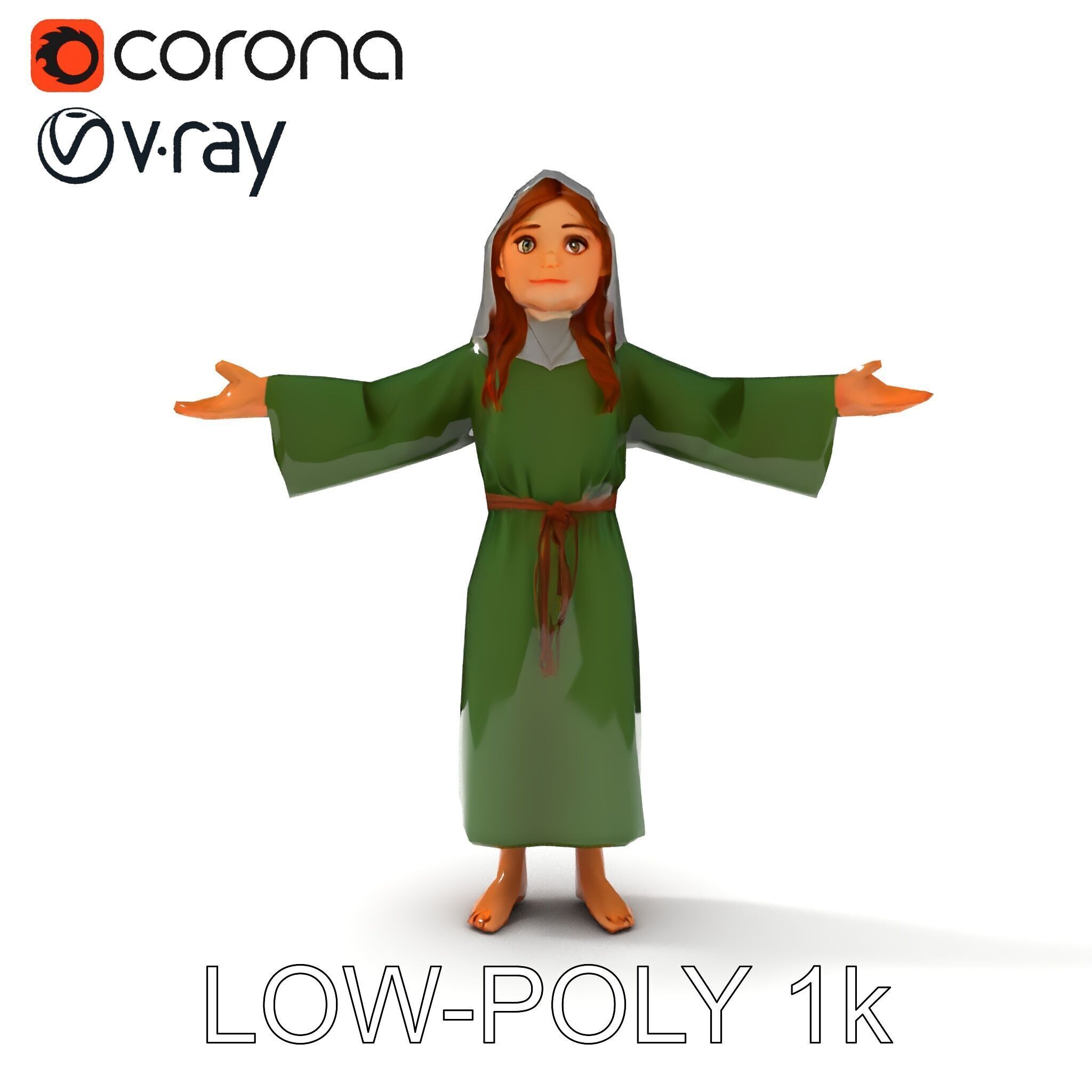 Medieval Peasant Girl D Model with PBR Textures Low-poly 3D model_9
