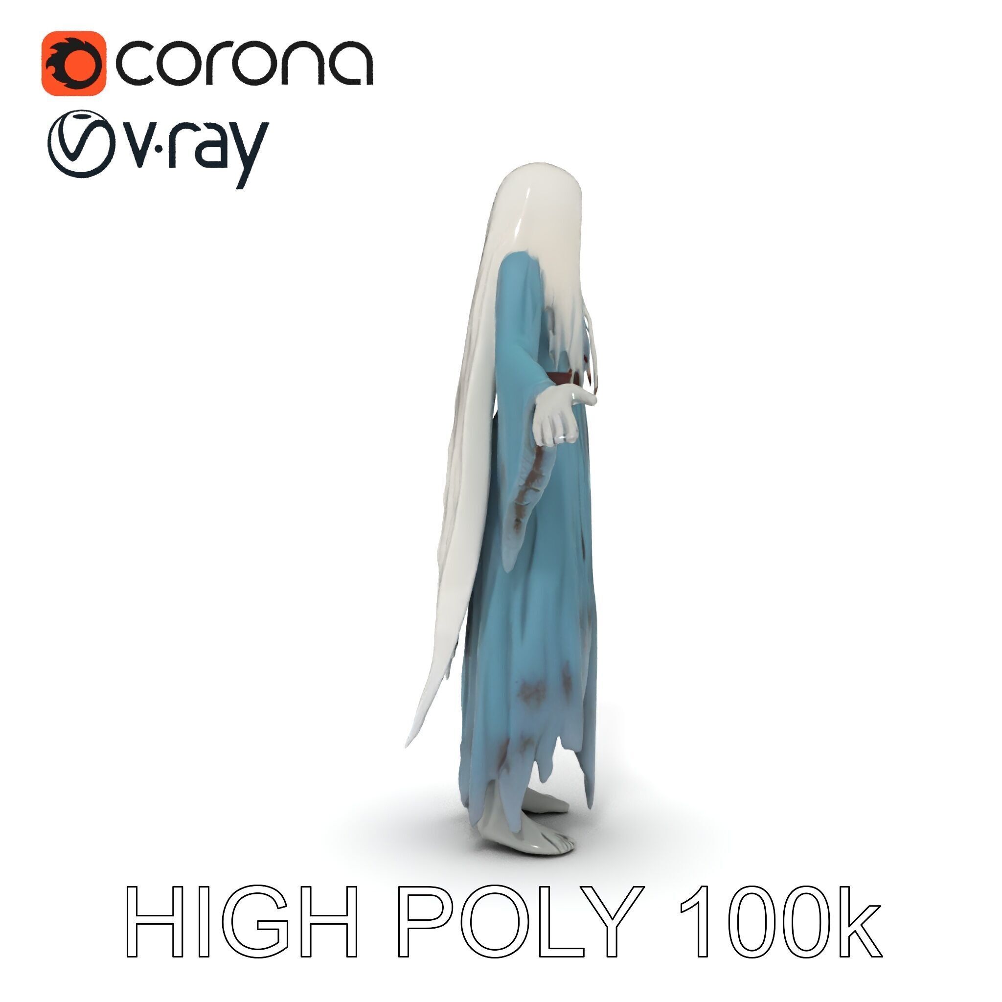 Ethereal Ghostly Woman Character Model with Flowing Gown Low-poly 3D model_30