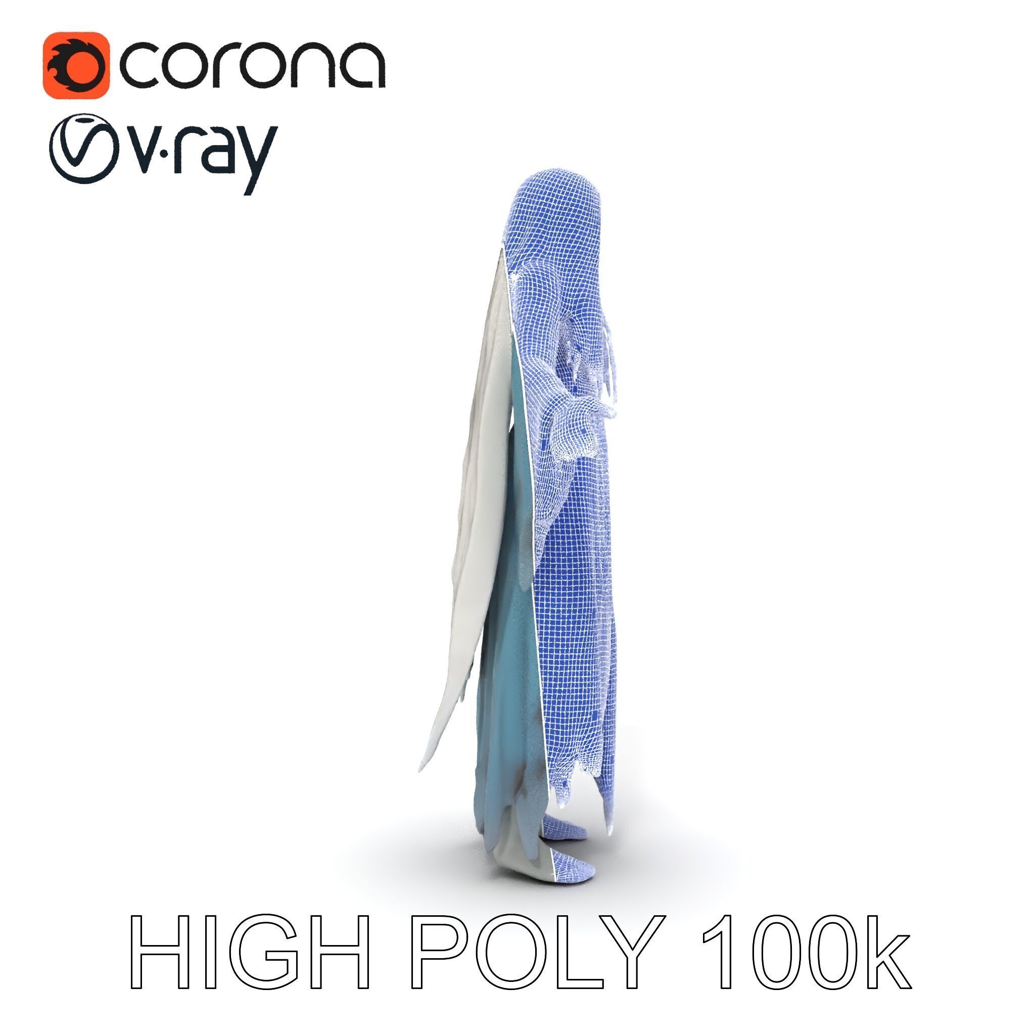 Ethereal Ghostly Woman Character Model with Flowing Gown Low-poly 3D model_13