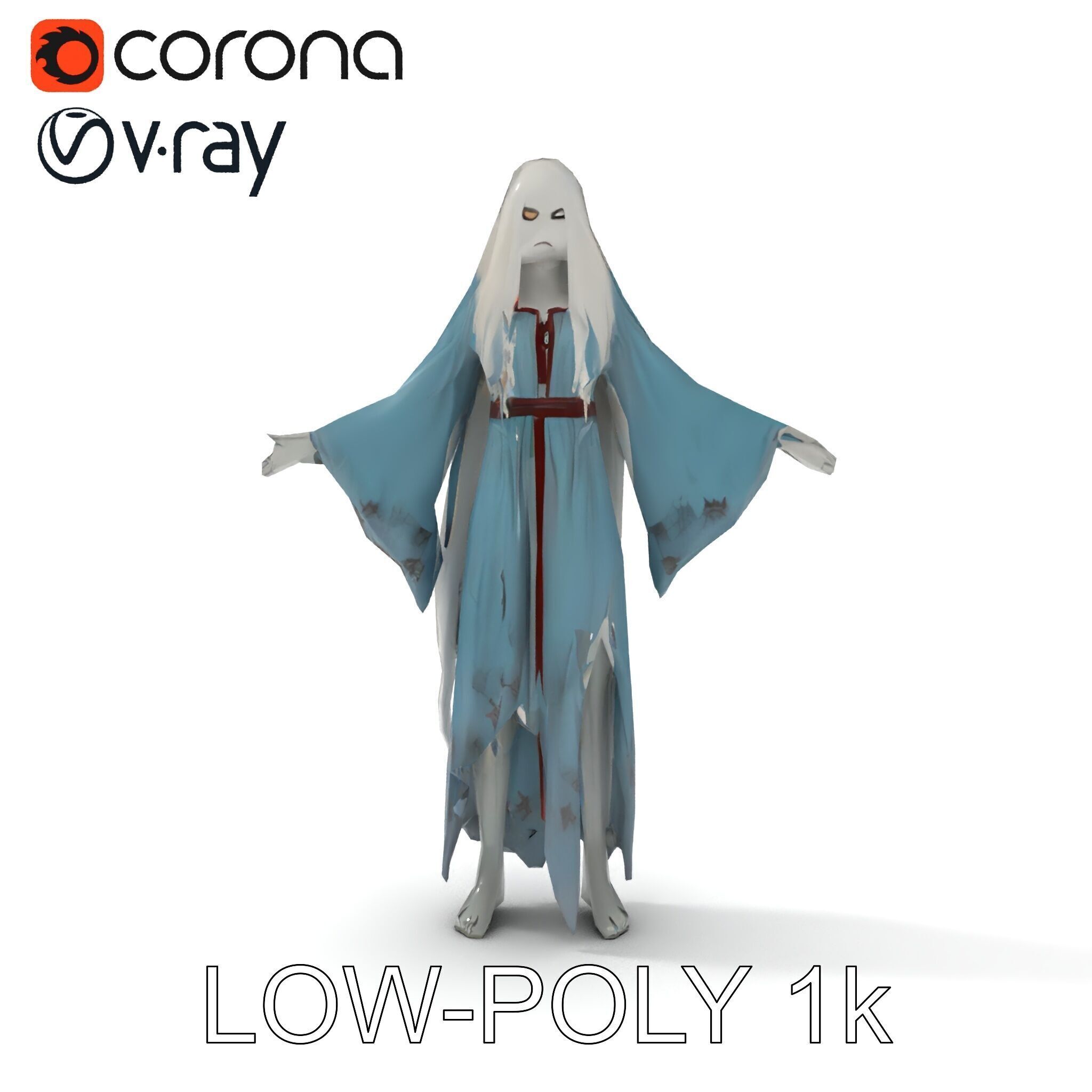 Ethereal Ghostly Woman Character Model with Flowing Gown Low-poly 3D model_18