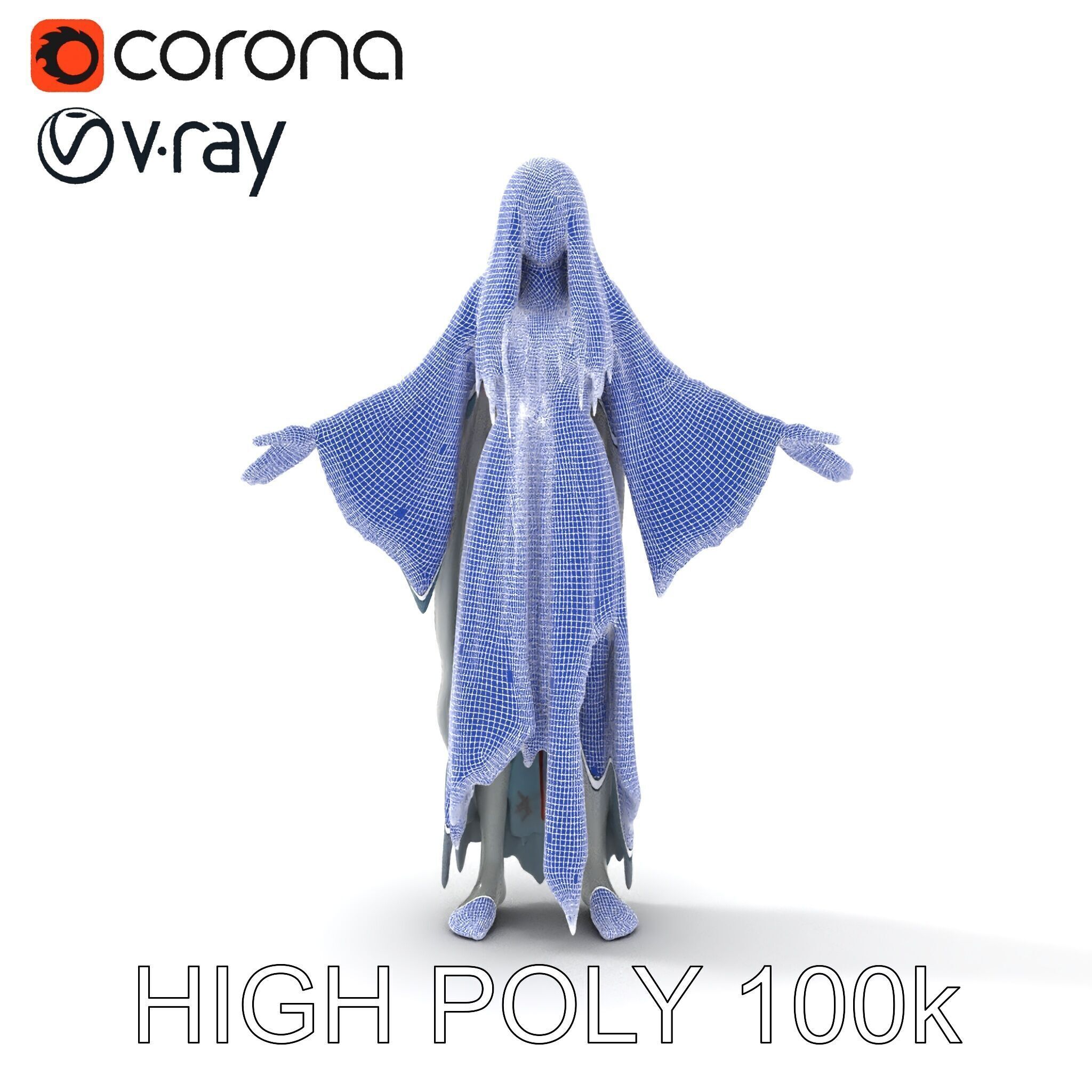 Ethereal Ghostly Woman Character Model with Flowing Gown Low-poly 3D model_33