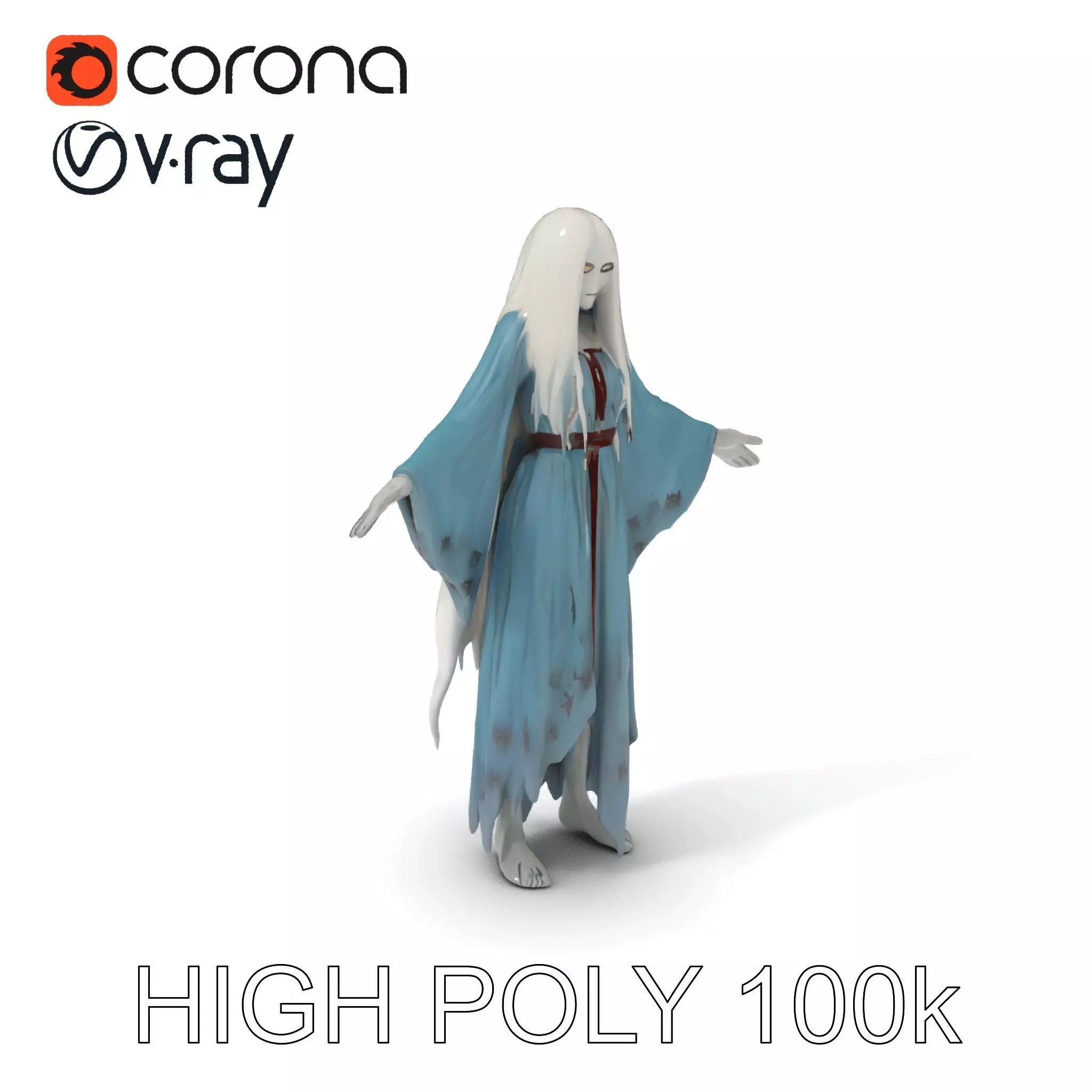 Ethereal Ghostly Woman Character Model with Flowing Gown Low-poly 3D model_0