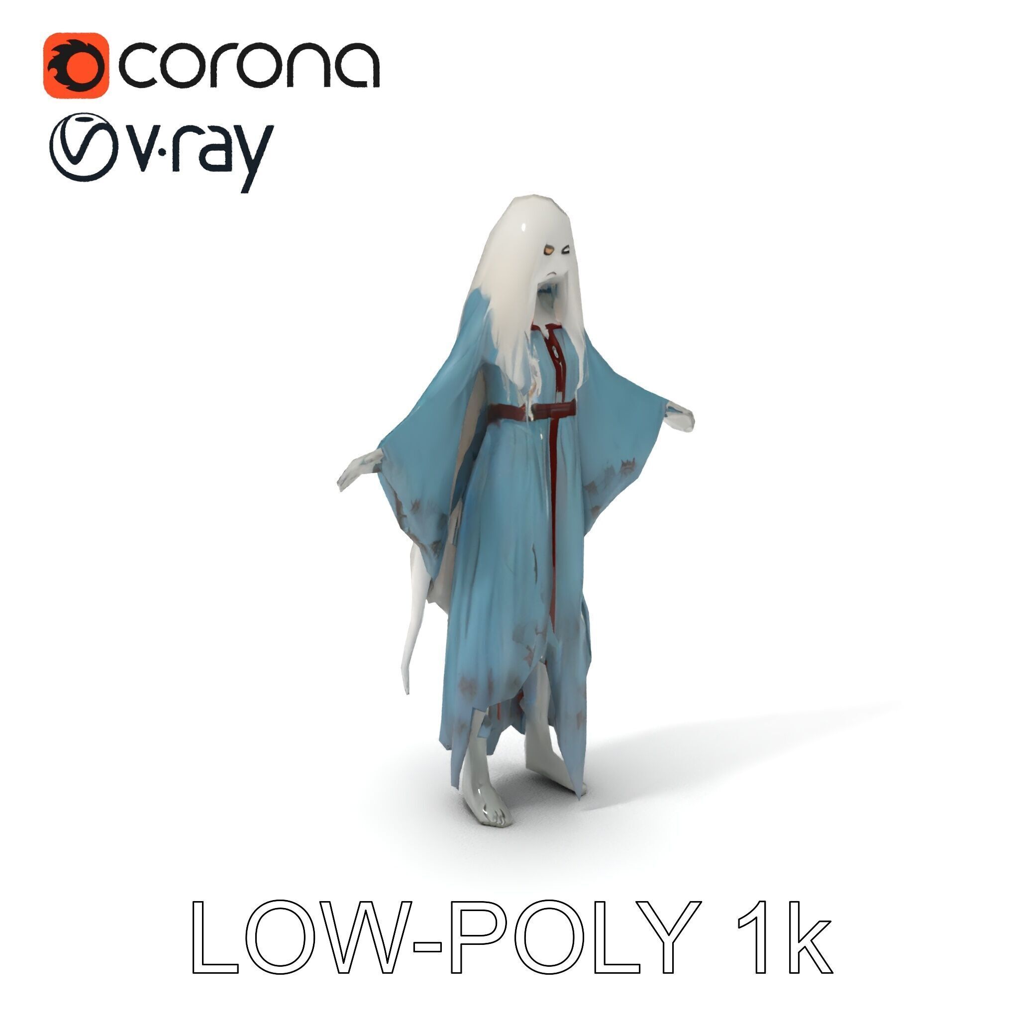 Ethereal Ghostly Woman Character Model with Flowing Gown Low-poly 3D model_7