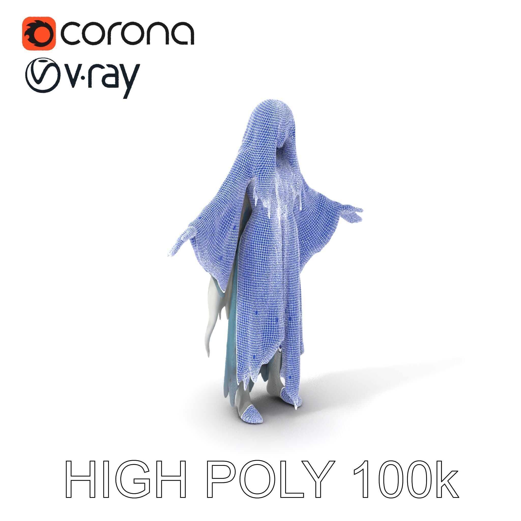 Ethereal Ghostly Woman Character Model with Flowing Gown Low-poly 3D model_3