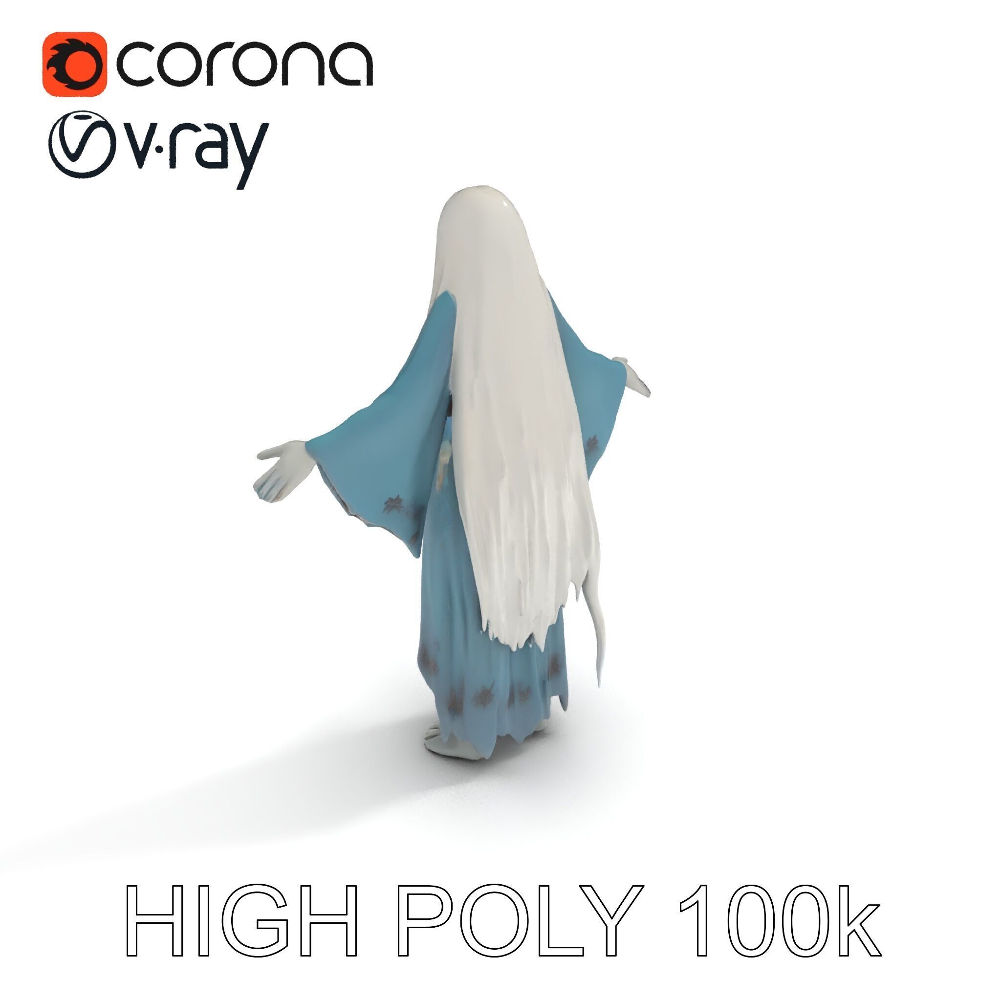Ethereal Ghostly Woman Character Model with Flowing Gown Low-poly 3D model_10