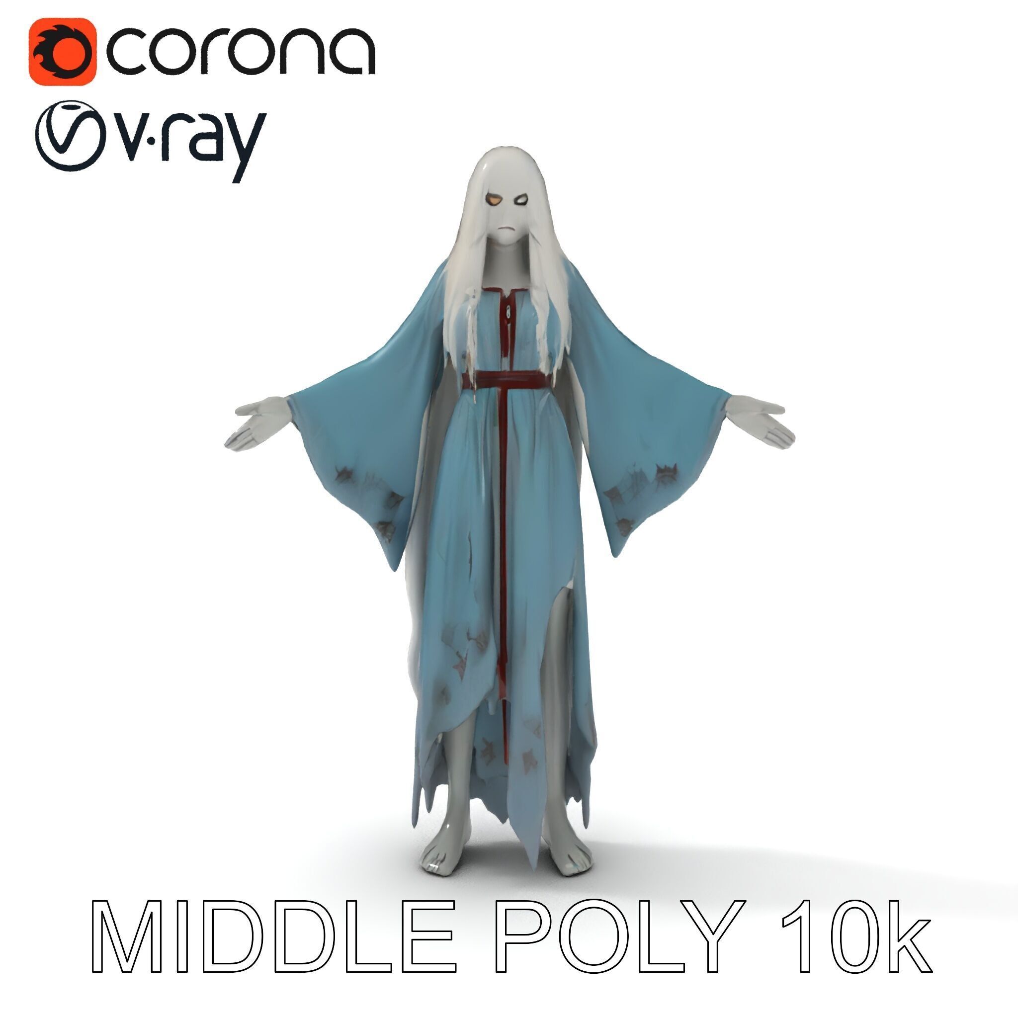 Ethereal Ghostly Woman Character Model with Flowing Gown Low-poly 3D model_8