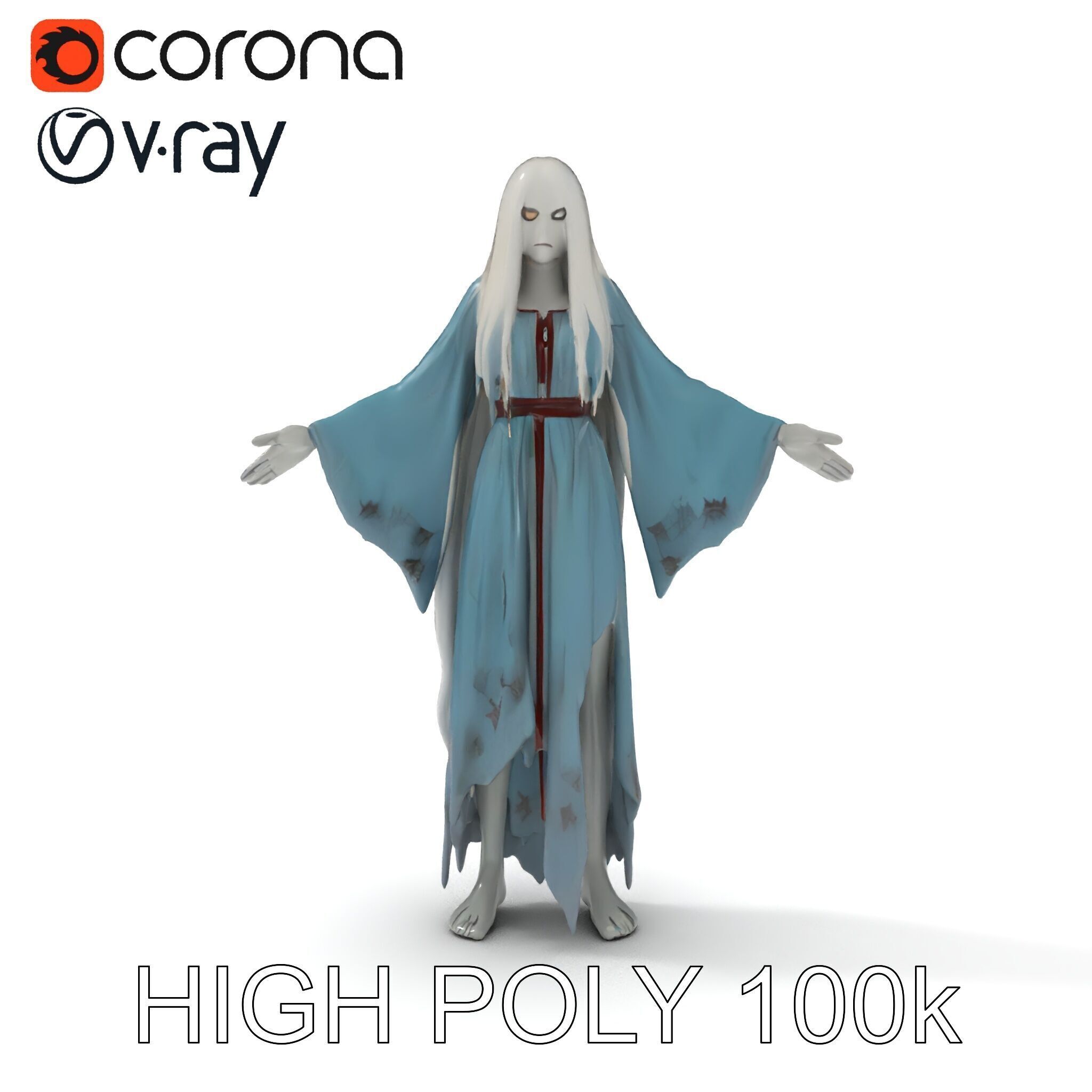 Ethereal Ghostly Woman Character Model with Flowing Gown Low-poly 3D model_19