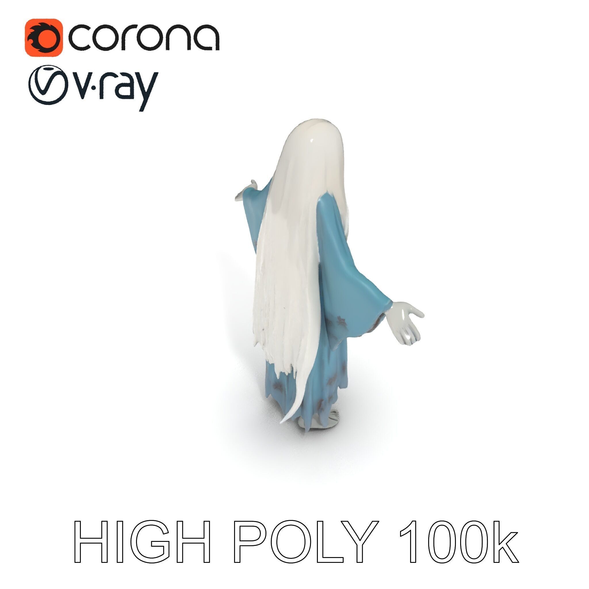 Ethereal Ghostly Woman Character Model with Flowing Gown Low-poly 3D model_27
