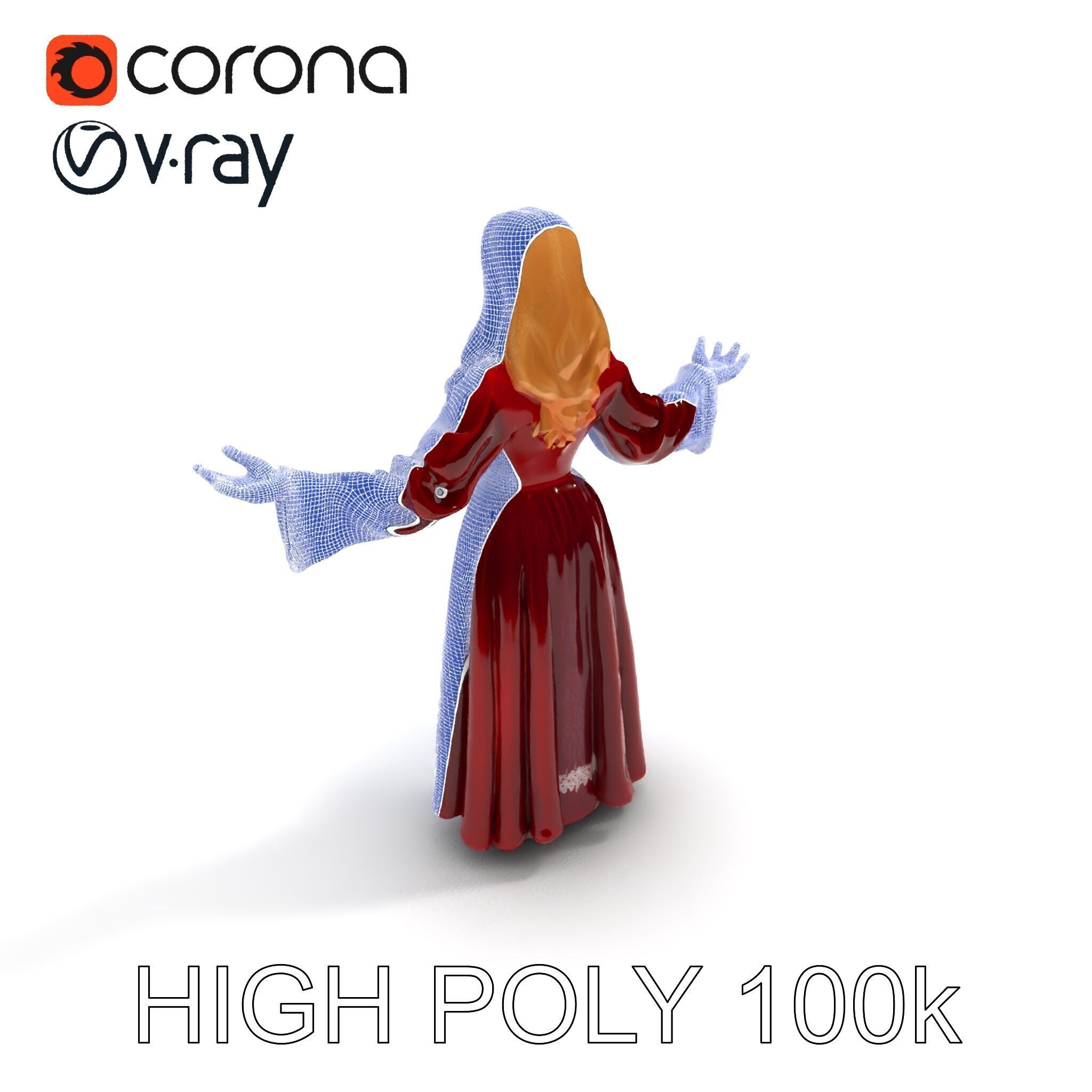 Elegant Medieval Noblewoman D Character Model with Flowing Dress Low-poly 3D model_8