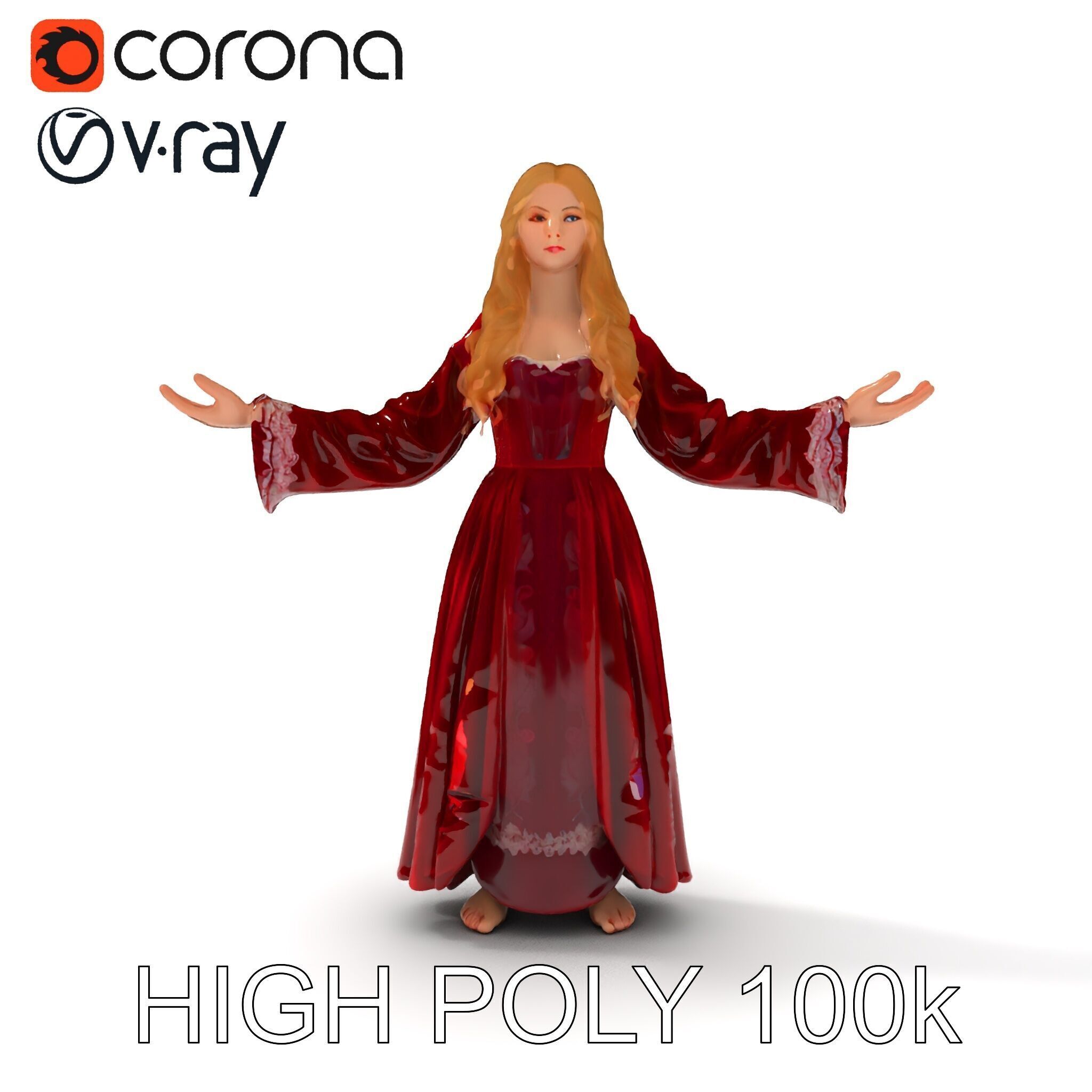 Elegant Medieval Noblewoman D Character Model with Flowing Dress Low-poly 3D model_28