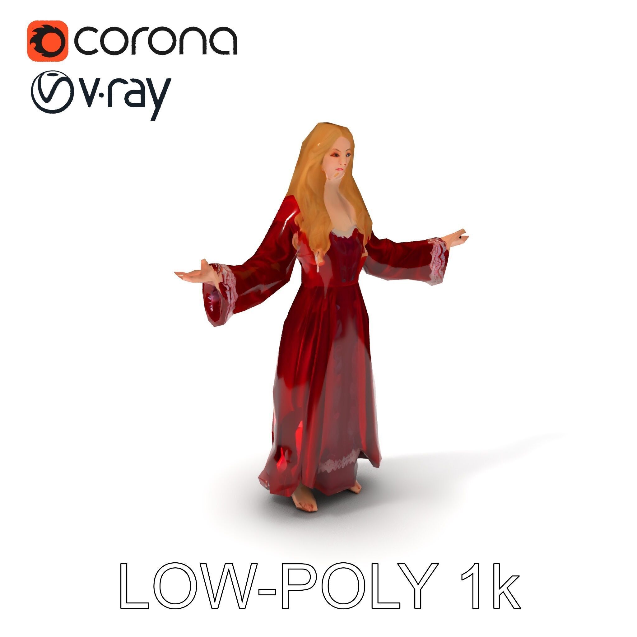 Elegant Medieval Noblewoman D Character Model with Flowing Dress Low-poly 3D model_18