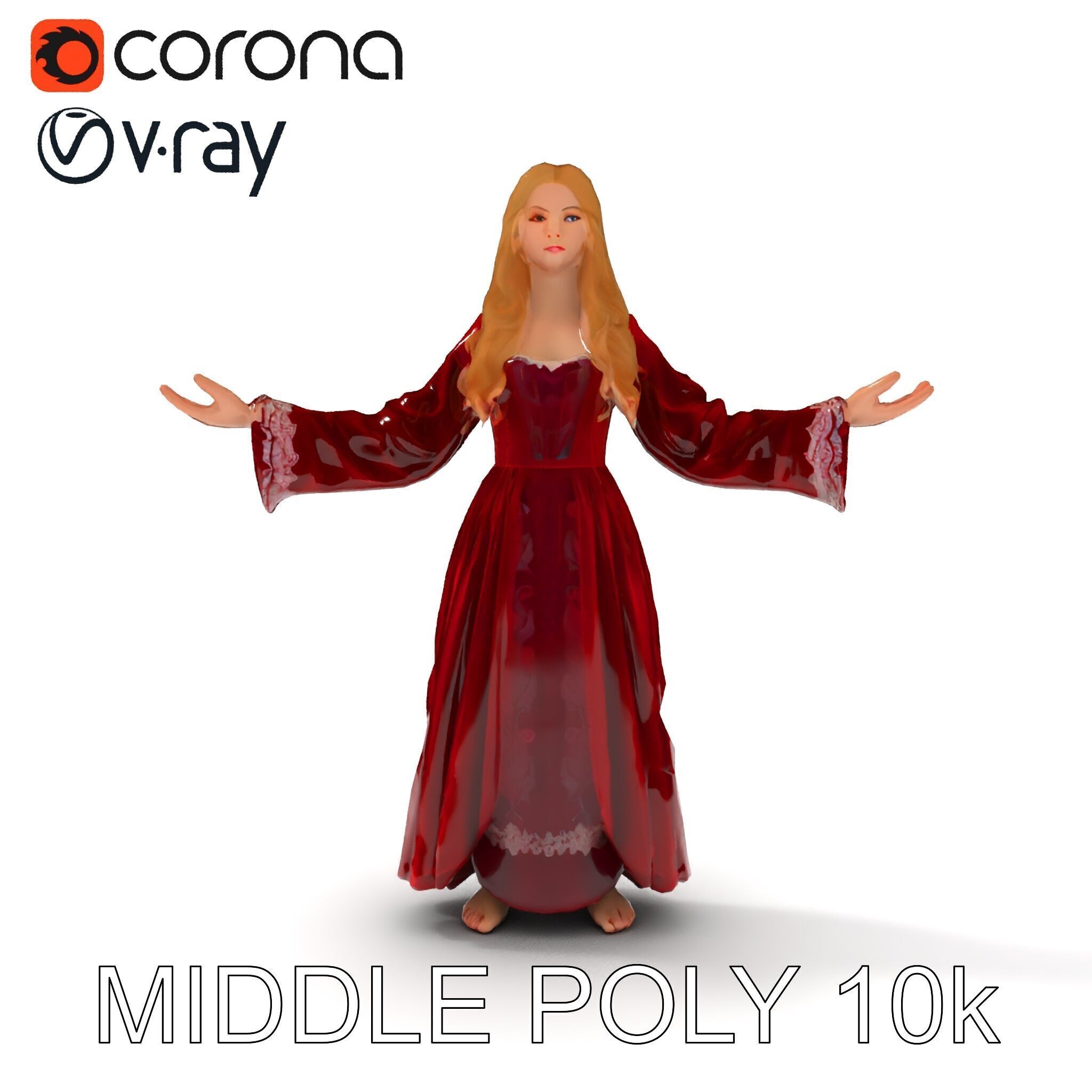 Elegant Medieval Noblewoman D Character Model with Flowing Dress Low-poly 3D model_11