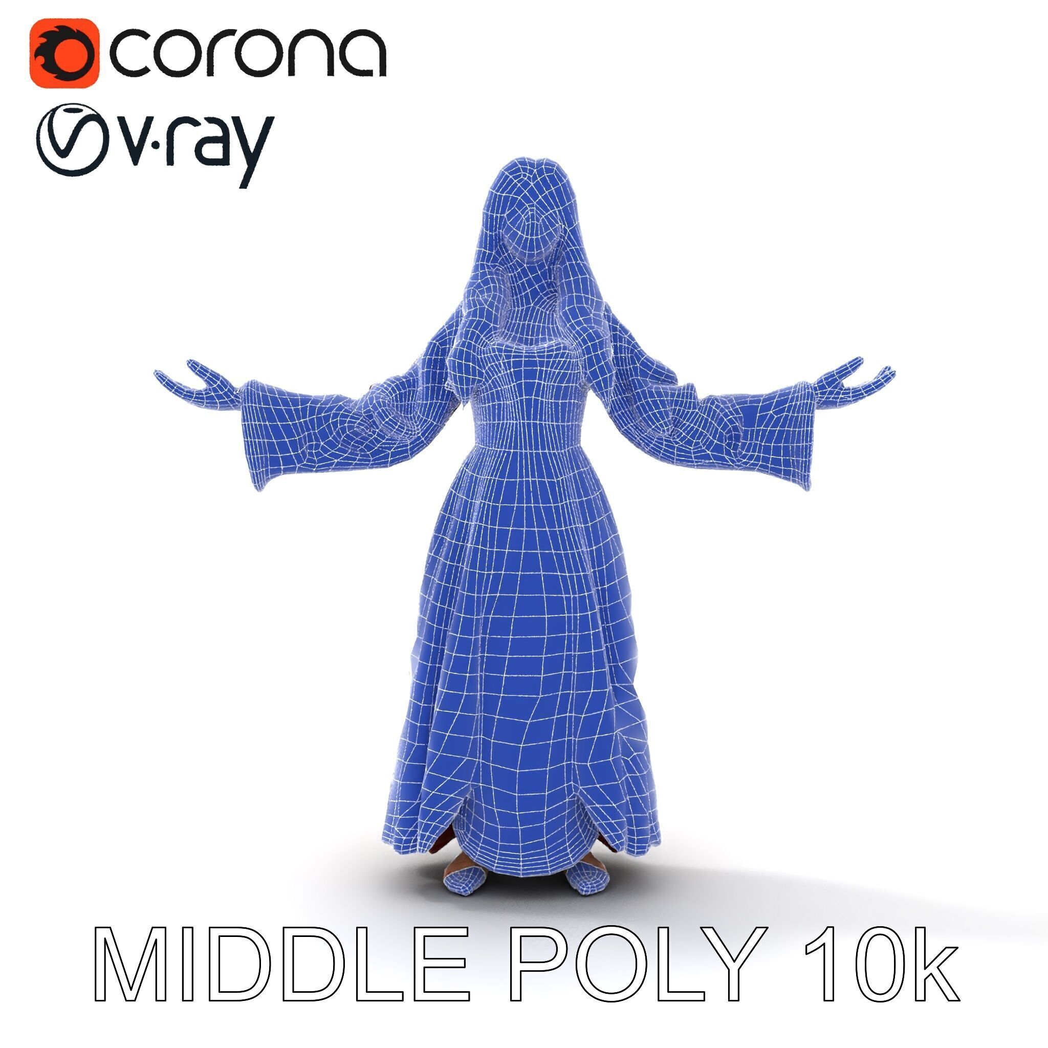 Elegant Medieval Noblewoman D Character Model with Flowing Dress Low-poly 3D model_26