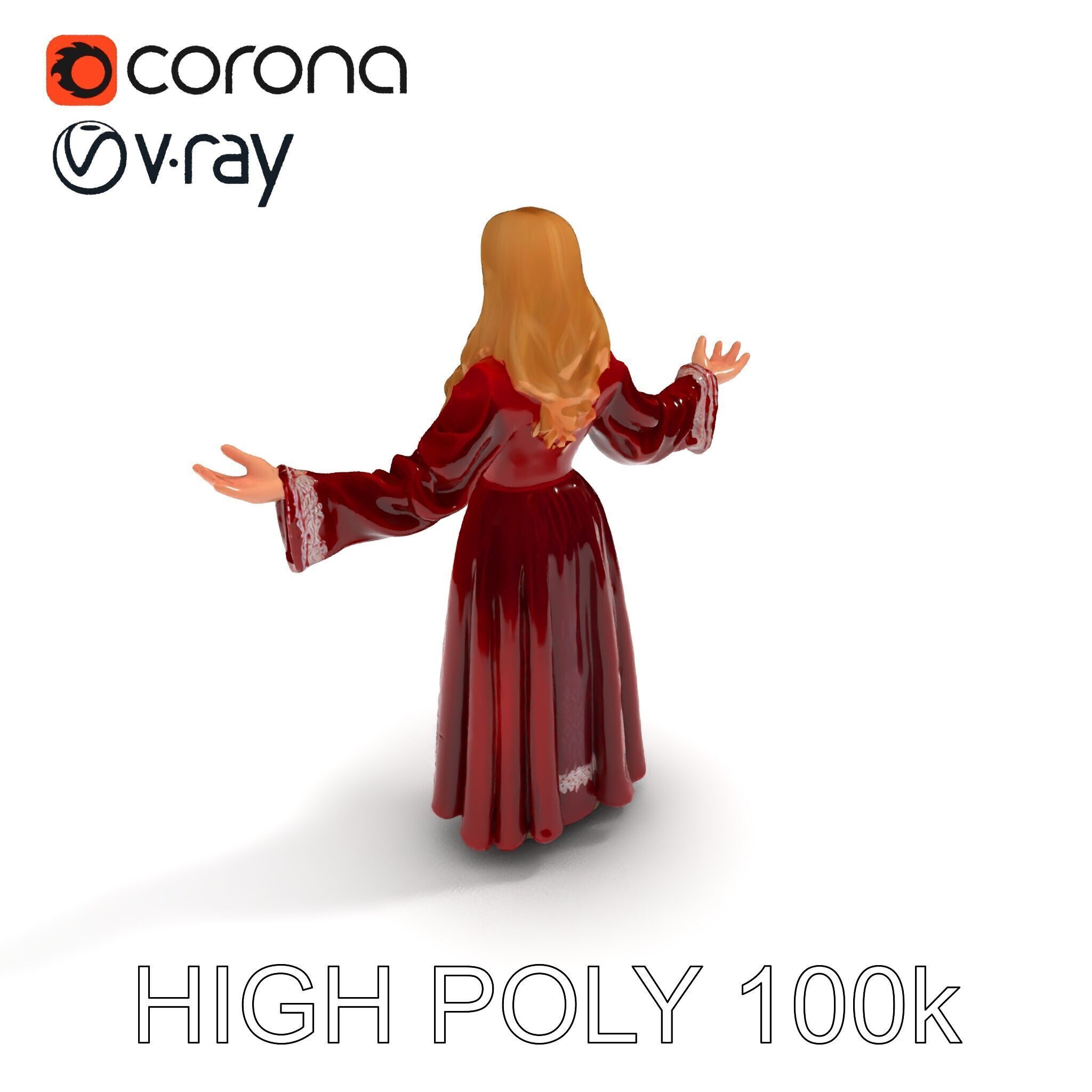 Elegant Medieval Noblewoman D Character Model with Flowing Dress Low-poly 3D model_33