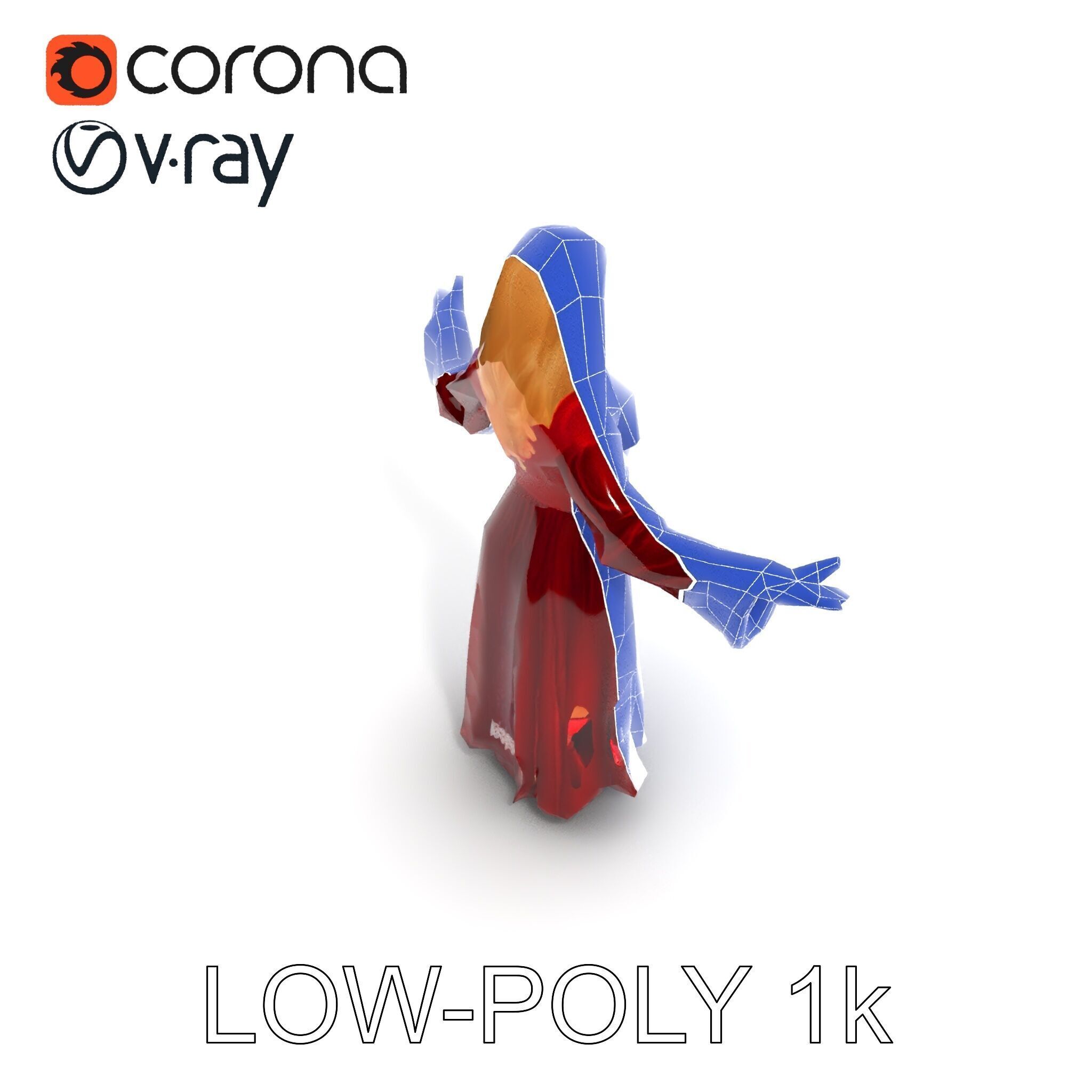 Elegant Medieval Noblewoman D Character Model with Flowing Dress Low-poly 3D model_15