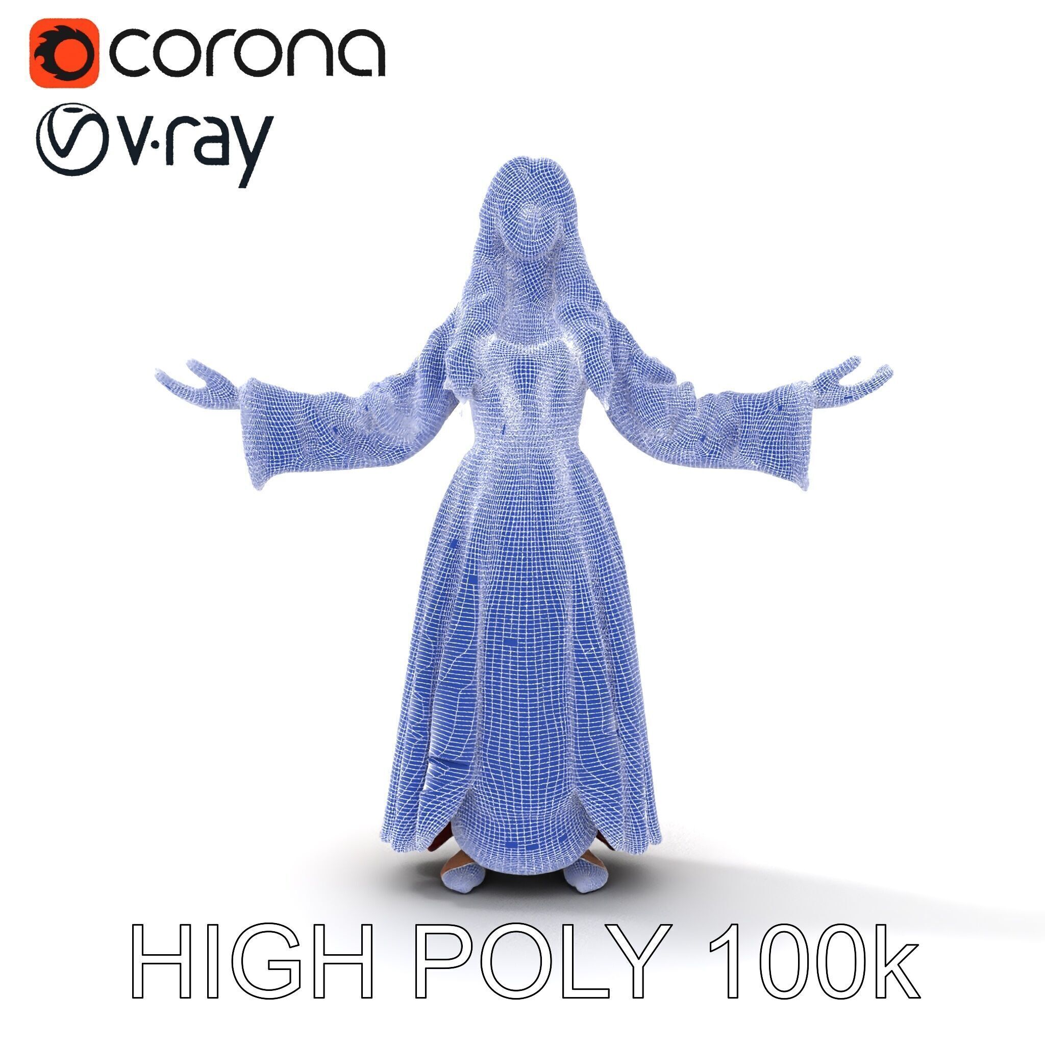 Elegant Medieval Noblewoman D Character Model with Flowing Dress Low-poly 3D model_16