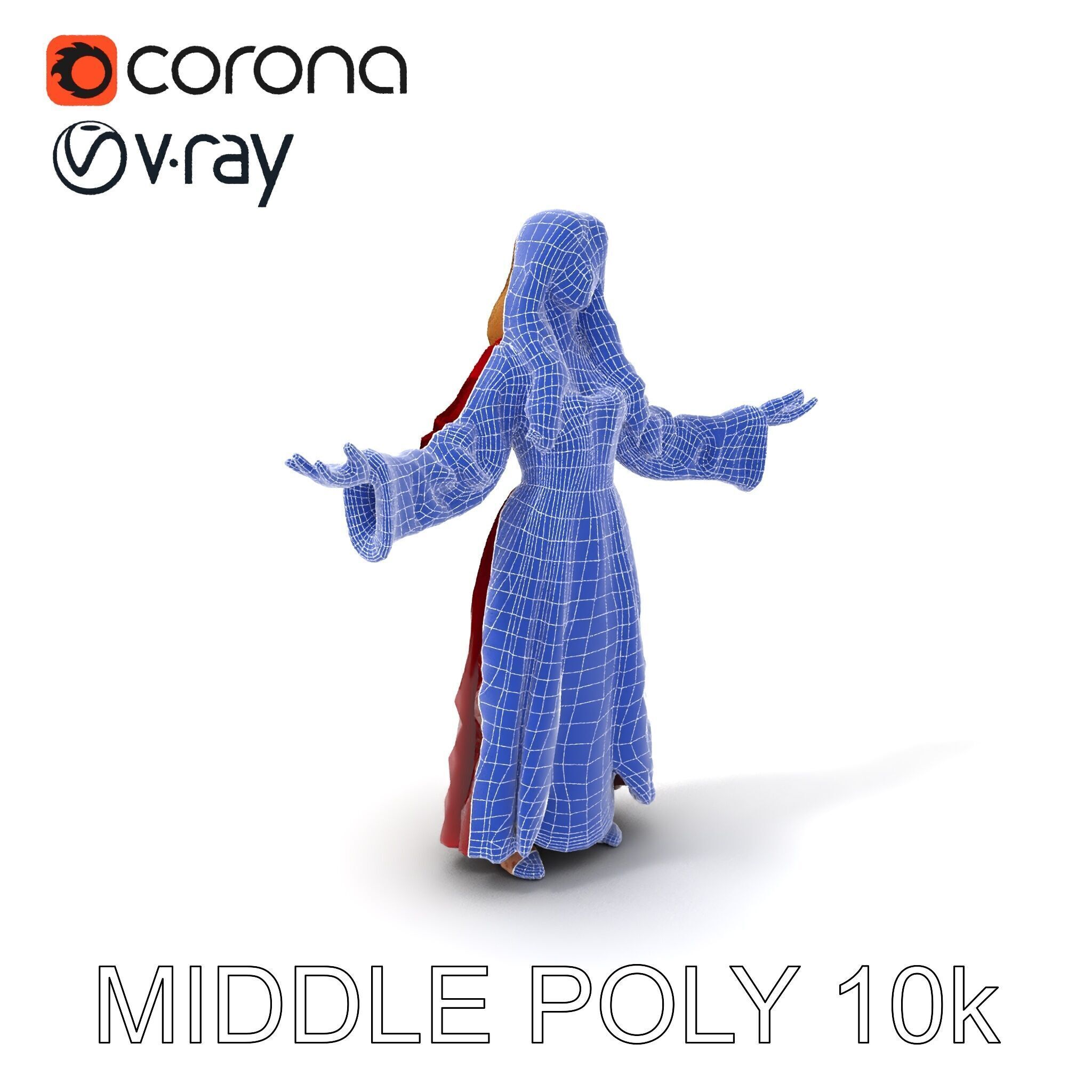 Elegant Medieval Noblewoman D Character Model with Flowing Dress Low-poly 3D model_23