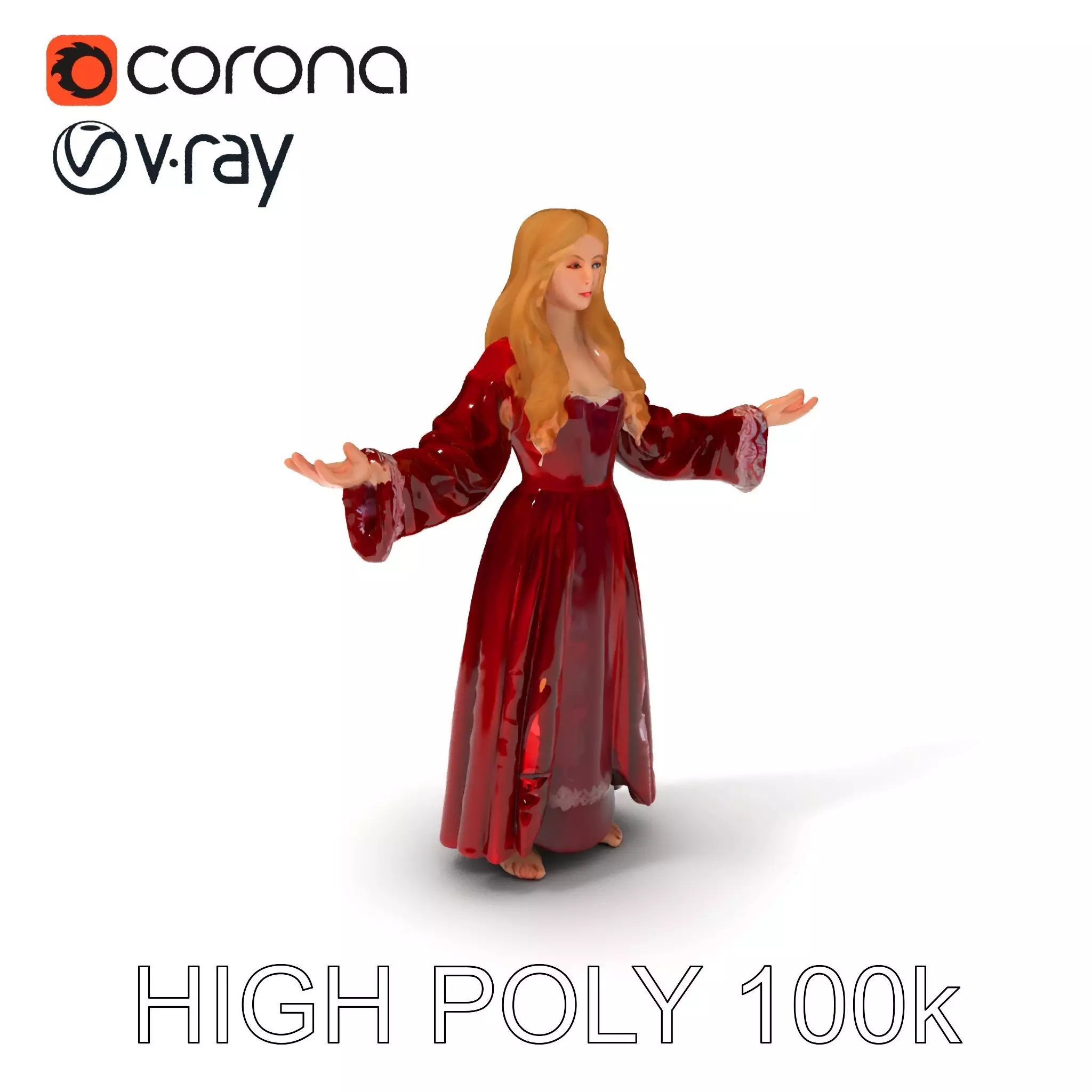 Elegant Medieval Noblewoman D Character Model with Flowing Dress Low-poly 3D model_0