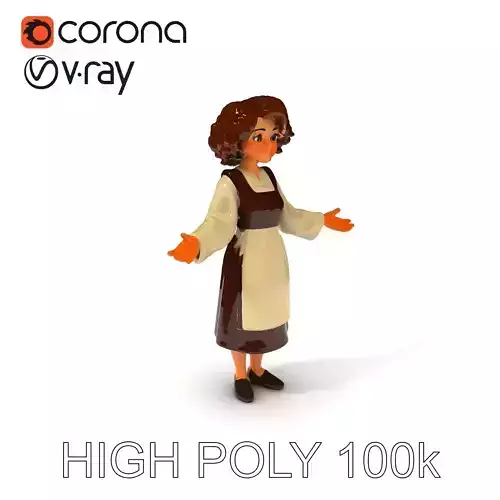 Charming Medieval Villager Girl Character with Brown Dress an... Low-poly 3D model