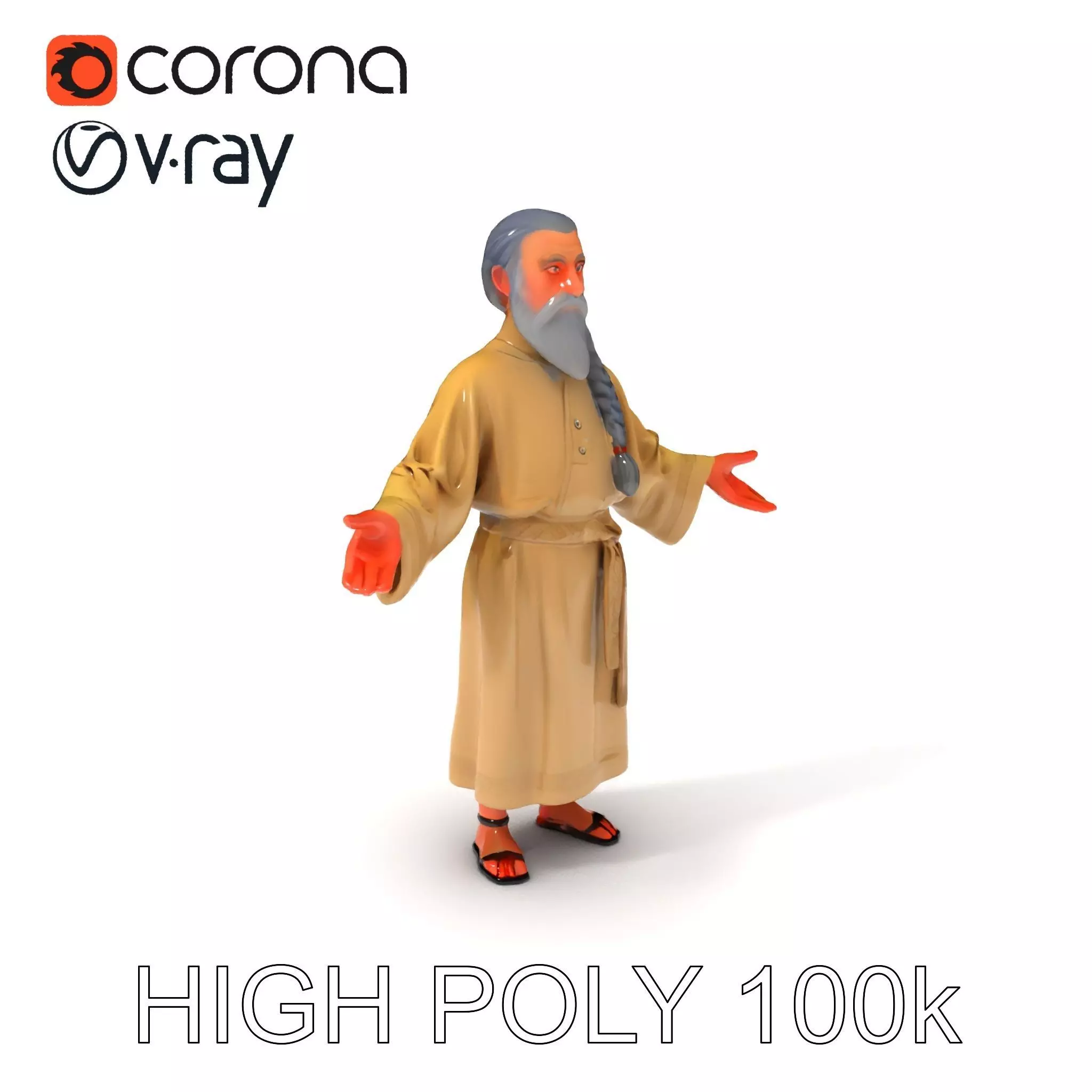 Elder Sage D Model with Braided Beard in Traditional Robes Low-poly 3D model