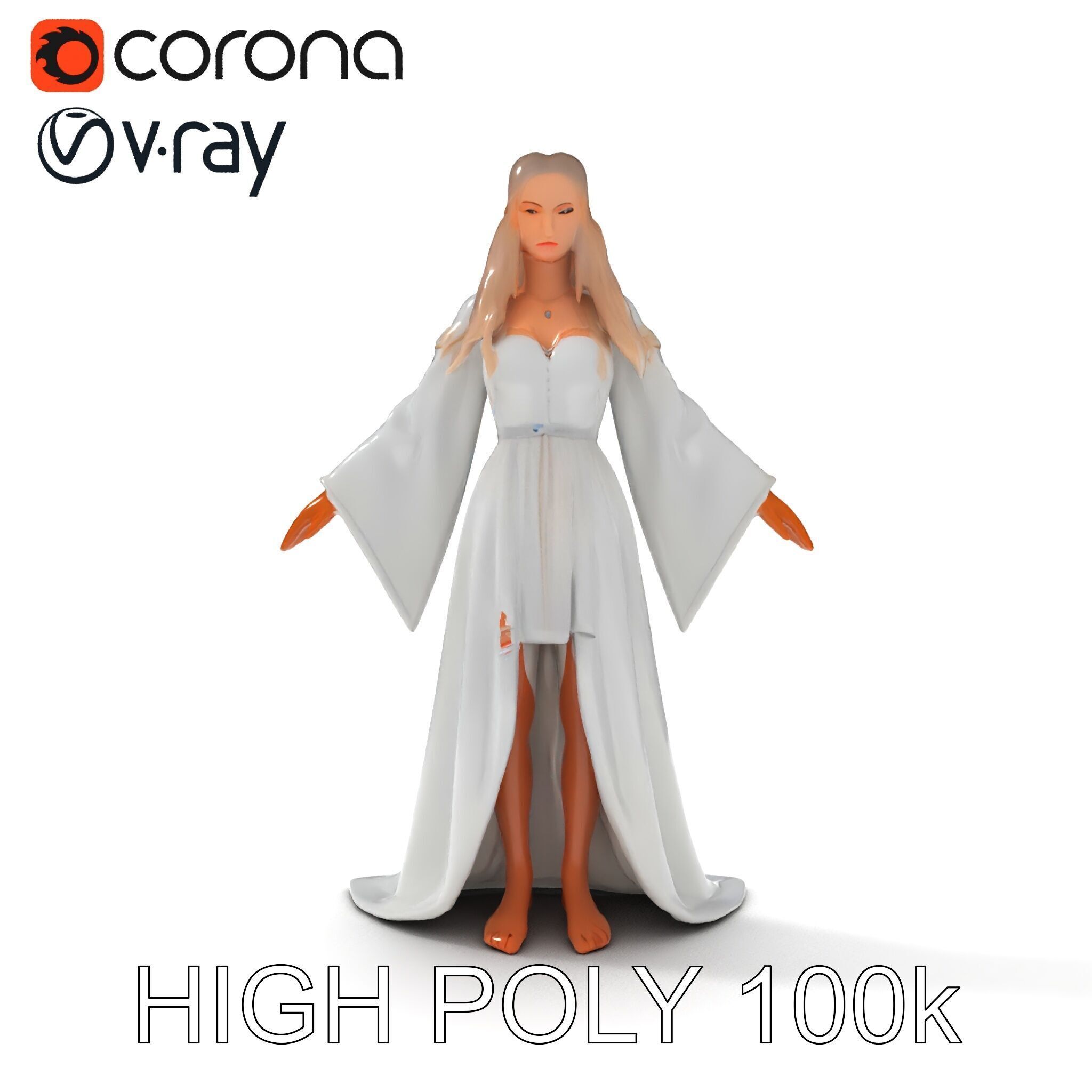 Elegant Fantasy Enchantress in Flowing White Gown D Model Low-poly 3D model_27