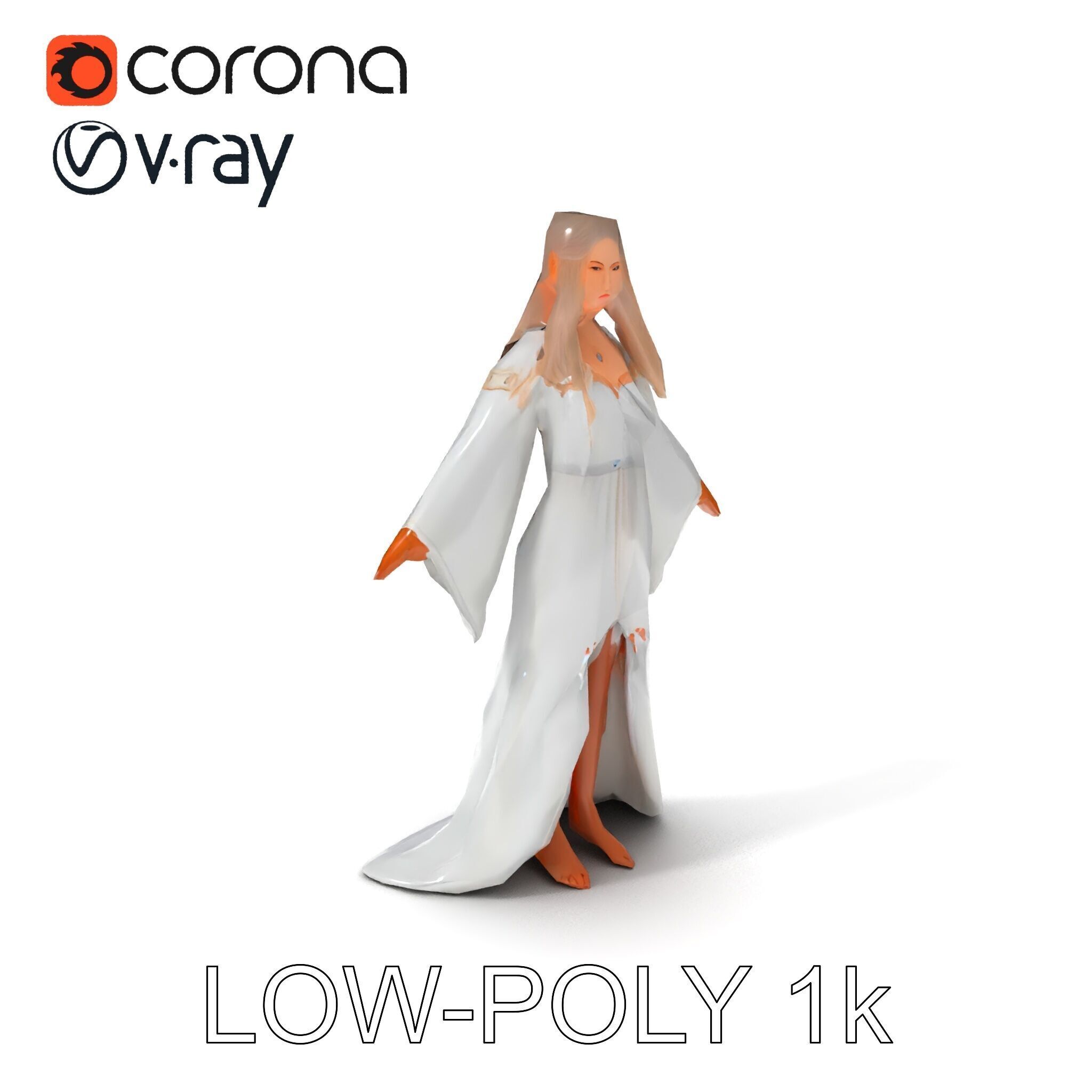 Elegant Fantasy Enchantress in Flowing White Gown D Model Low-poly 3D model_16