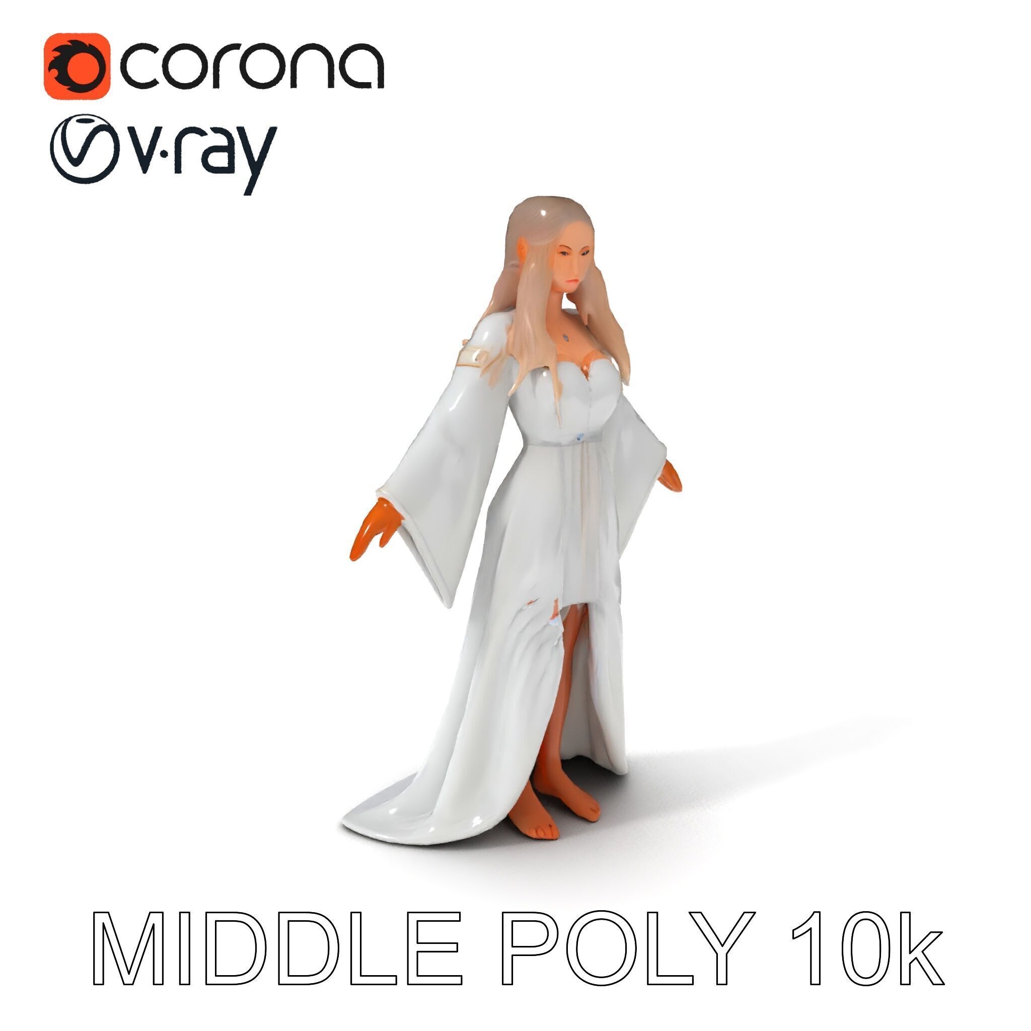 Elegant Fantasy Enchantress in Flowing White Gown D Model Low-poly 3D model_28
