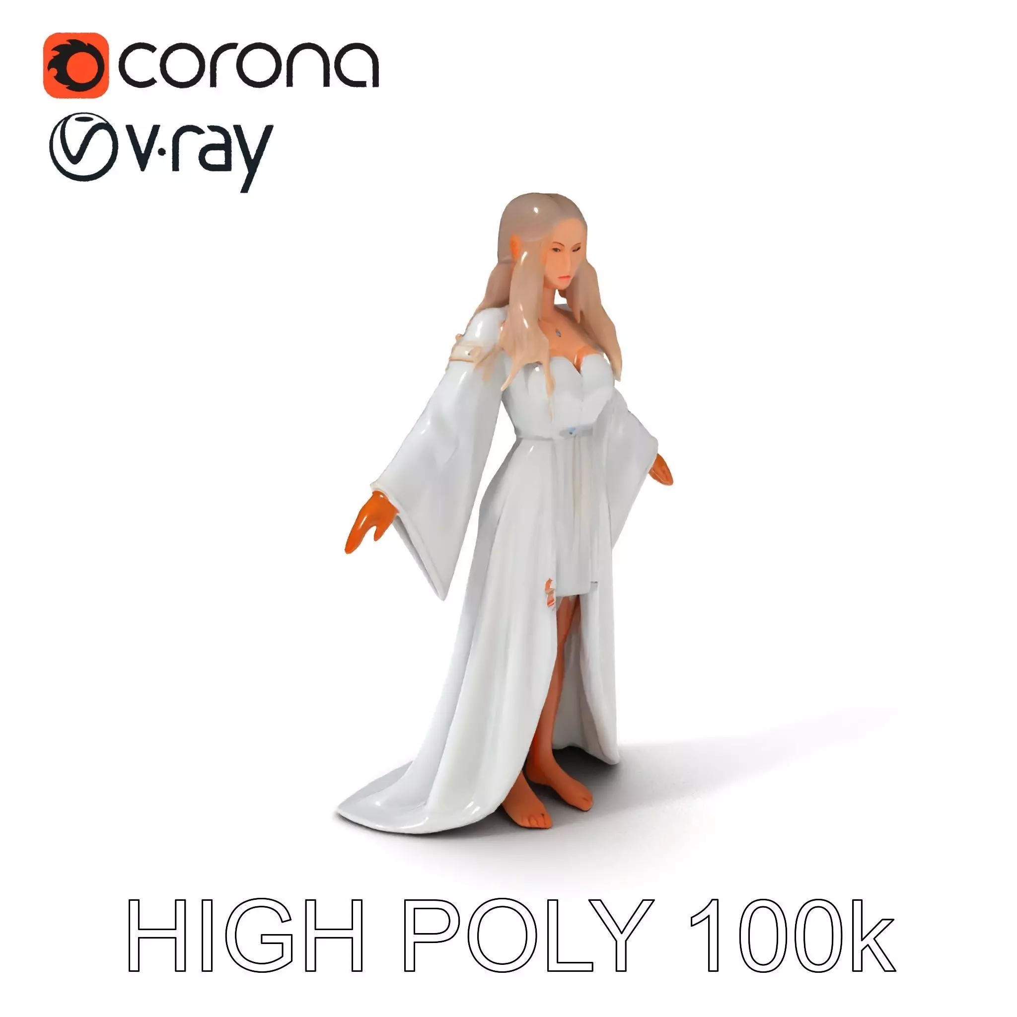 Elegant Fantasy Enchantress in Flowing White Gown D Model Low-poly 3D model_0