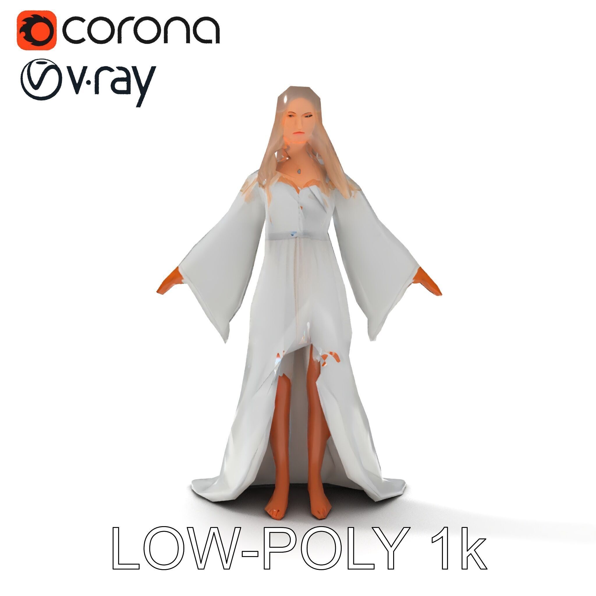 Elegant Fantasy Enchantress in Flowing White Gown D Model Low-poly 3D model_23