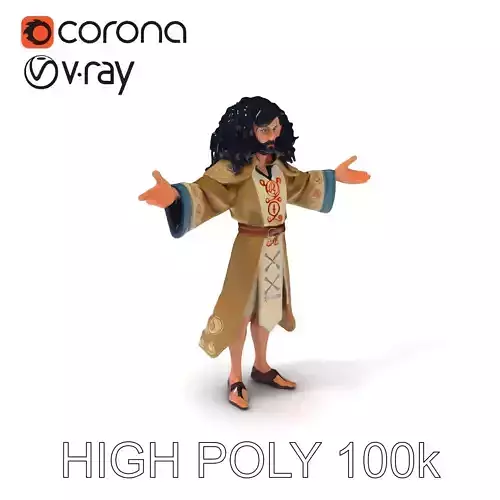 Mystical Wizard Character with Flowing Robes and Curly Hair Low-poly 3D model
