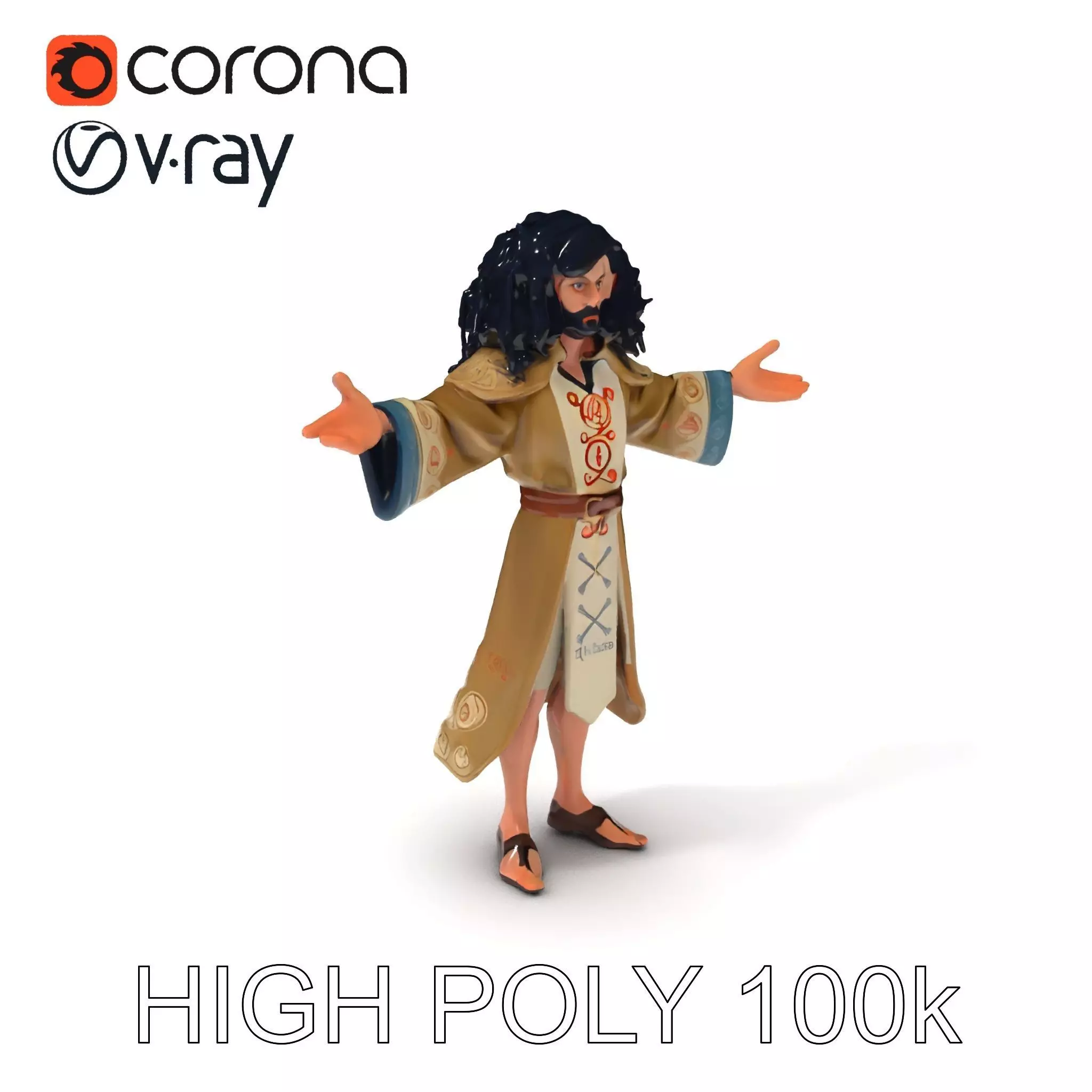 Mystical Wizard Character with Flowing Robes and Curly Hair Low-poly 3D model_0